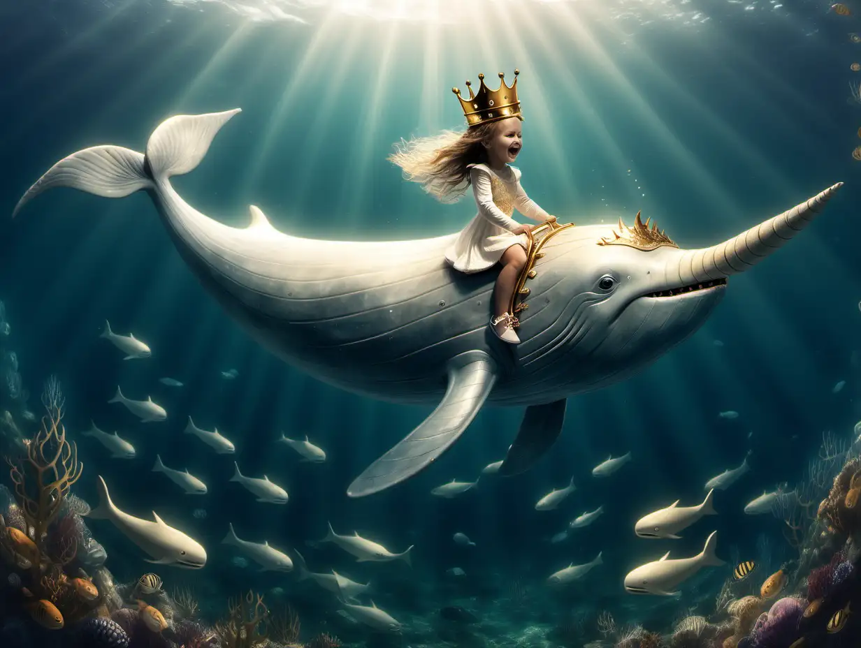 Little girl riding a narwhale. Narwhale has a large horn made of ivory. Narwhale is wearing a large gold crown. Her name is lily. The ocean is filled with hundreds of fish.