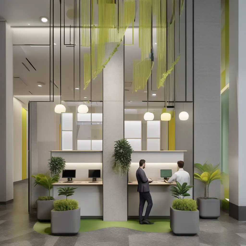 A 60 square meters modern minimalist bank office lobby, with two standing self-registration desk, an ATM machine, a standing teller counters for two officers working behind the counter, and a cozy customer lounge area, of which the colors are bright light grey, white, with some bright wooden panels, and bright cheerful lemon yellow accent at some part. There are some small green plant in pots at some corners.