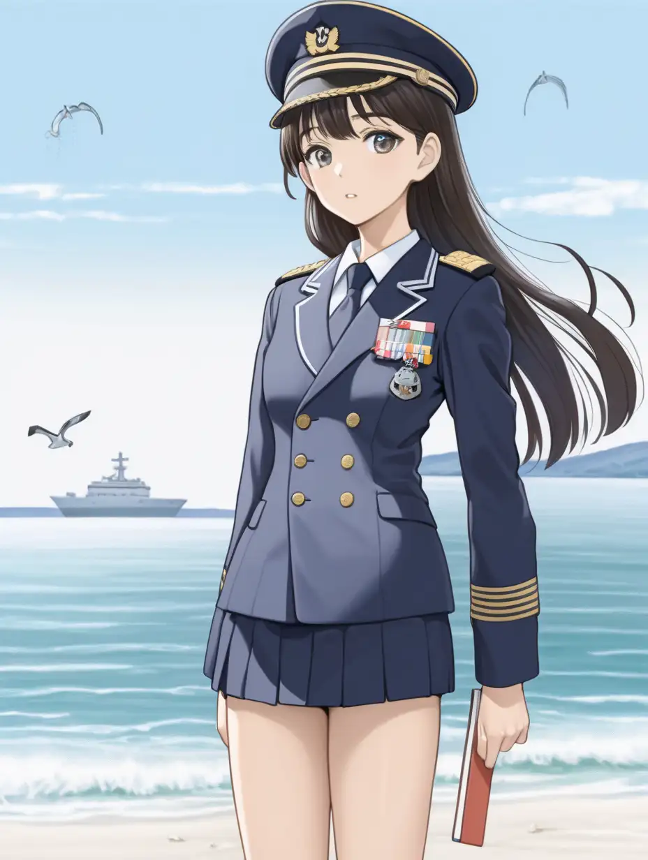 画一个在海边的日本女大学生，身材高挑，大腿略粗，穿着海军服，神情高冷



