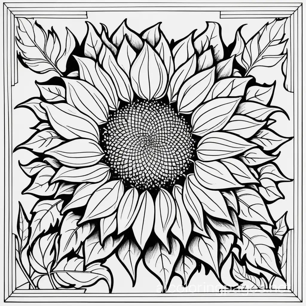 Symmetrical pattern comprized of black and white sunflowers, isolated in a white frame, Coloring Page, black and white, line art, white background, Simplicity, Ample White Space. The background of the coloring page is plain white to make it easy for young children to color within the lines. The outlines of all the subjects are easy to distinguish, making it simple for kids to color without too much difficulty