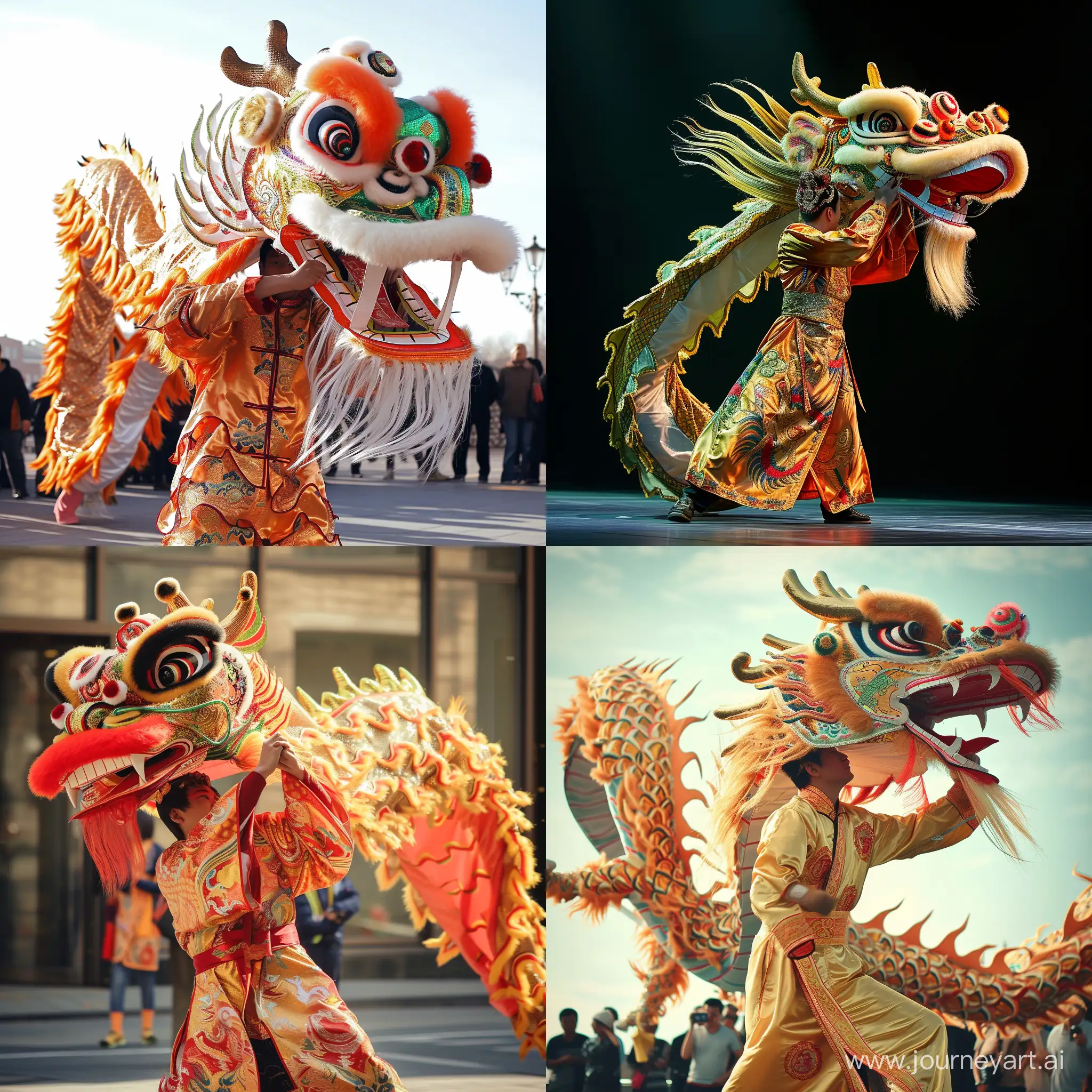 A Chinese dragon, a must-have for Chinese New Year celebrations. Provide a scene depicting a vibrant and lifelike Chinese dragon, with a traditional dragon dancer adorned in a magnificent dragon robe, holding the dragon's head, gracefully dancing to showcase the spirit of the dragon. Capture the atmosphere of a lively New Year celebration, where the dragon leads people into the festive ambiance, highlighting the splendor and joy of traditional Chinese culture. --v 6 --ar 1:1 --no 1905
