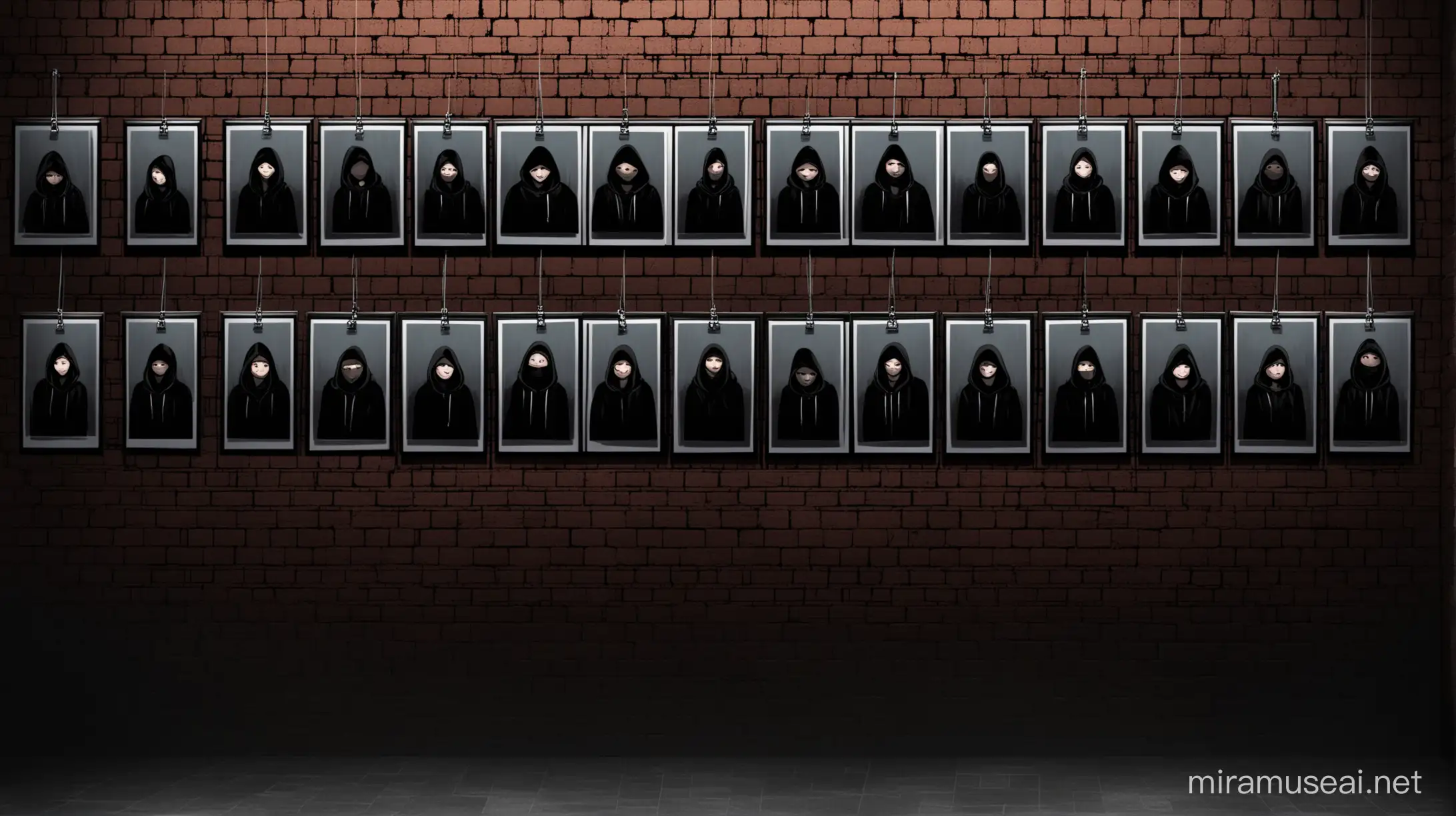 brick wall of shame in darker environment with framed images of hoodied people  hanging on it