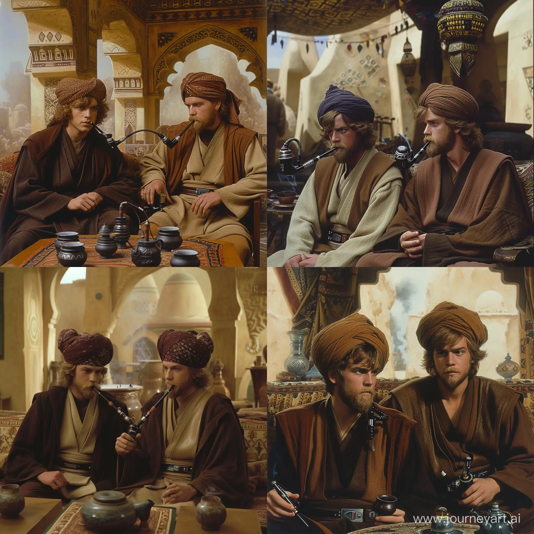 Anakin Skywalker and Obi wan Kenobi from Star Wars are sitting in a teahouse, turbans on their heads, hookah pipes in their mouths