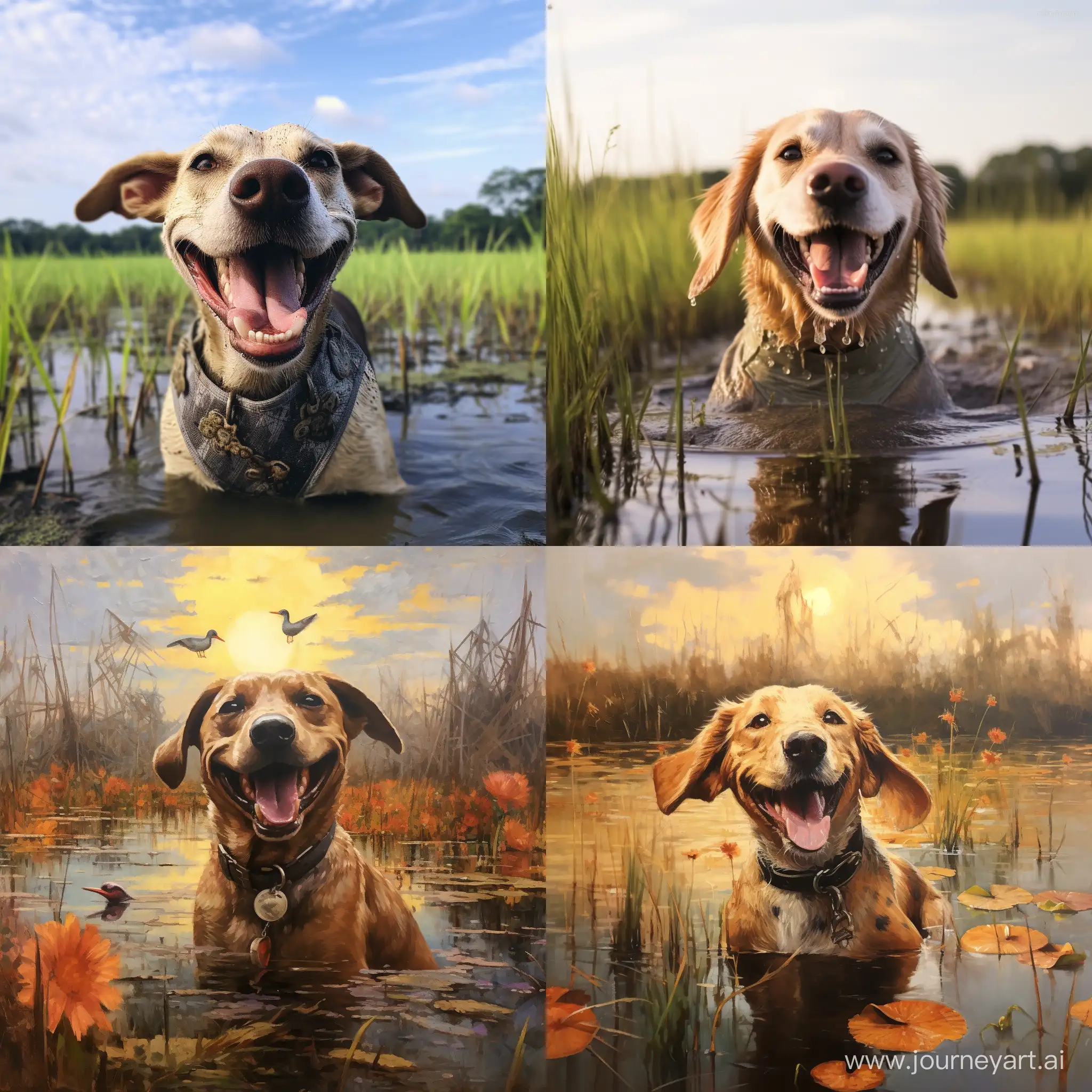 happy dog on swamp 
