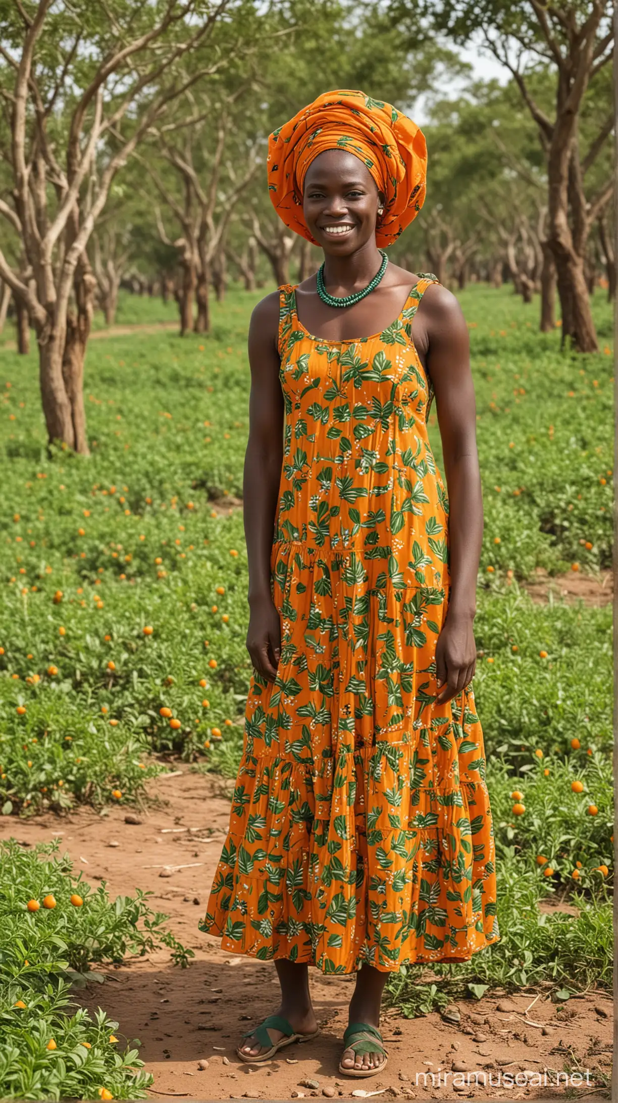 Female shea nut farmer in green and orange dress
