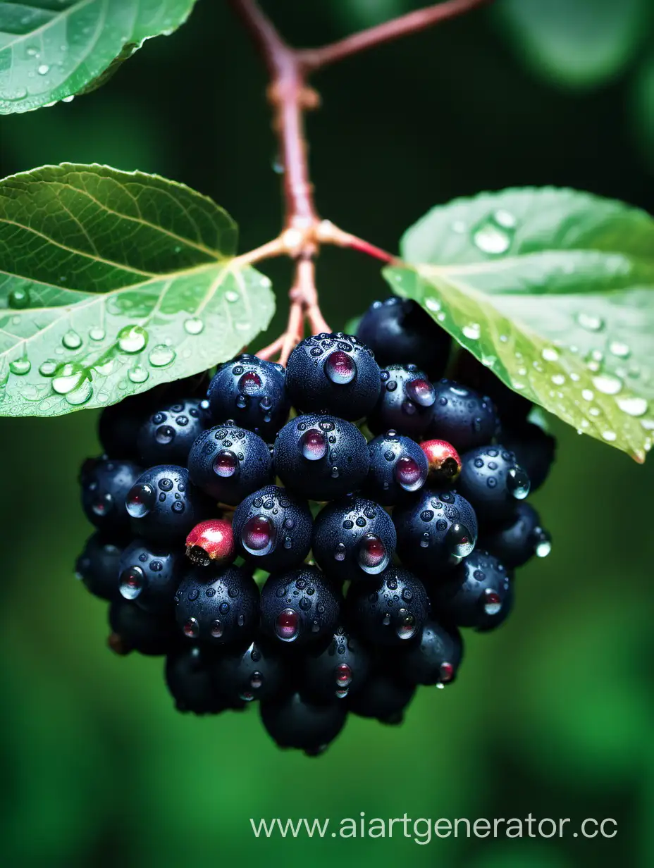 Aronia FRUIT blue dark green with big flower with water drops 