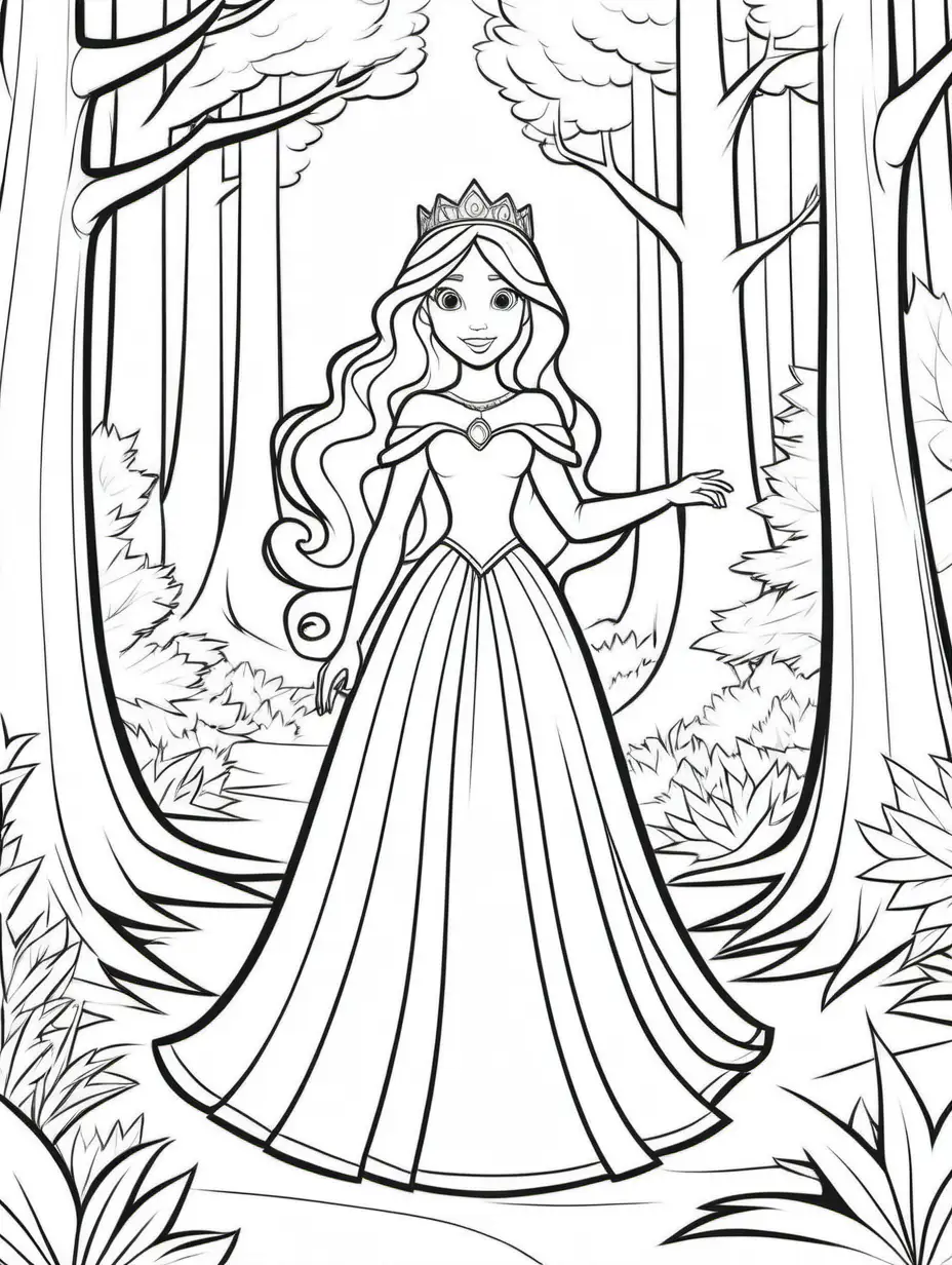 coloring pages for kids 8inch by 11 inch page, princess in front of a forest, cartoon style, thick lines, low detail--no shading--ar 9:11--v5
