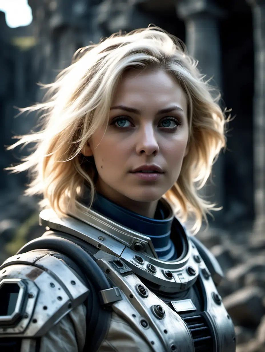 Beautiful Nordic woman, very attractive face, detailed eyes, big breasts, slim body, dark eye shadow, messy blonde hair, wearing a space suit from the movie Prometheus, close up, bokeh background, soft light on face, rim lighting, facing away from camera, looking back over her shoulder, standing in front of ancient ruins made of stone, illustration, warm photo, very high detail, extra wide photo, full body photo, aerial photo