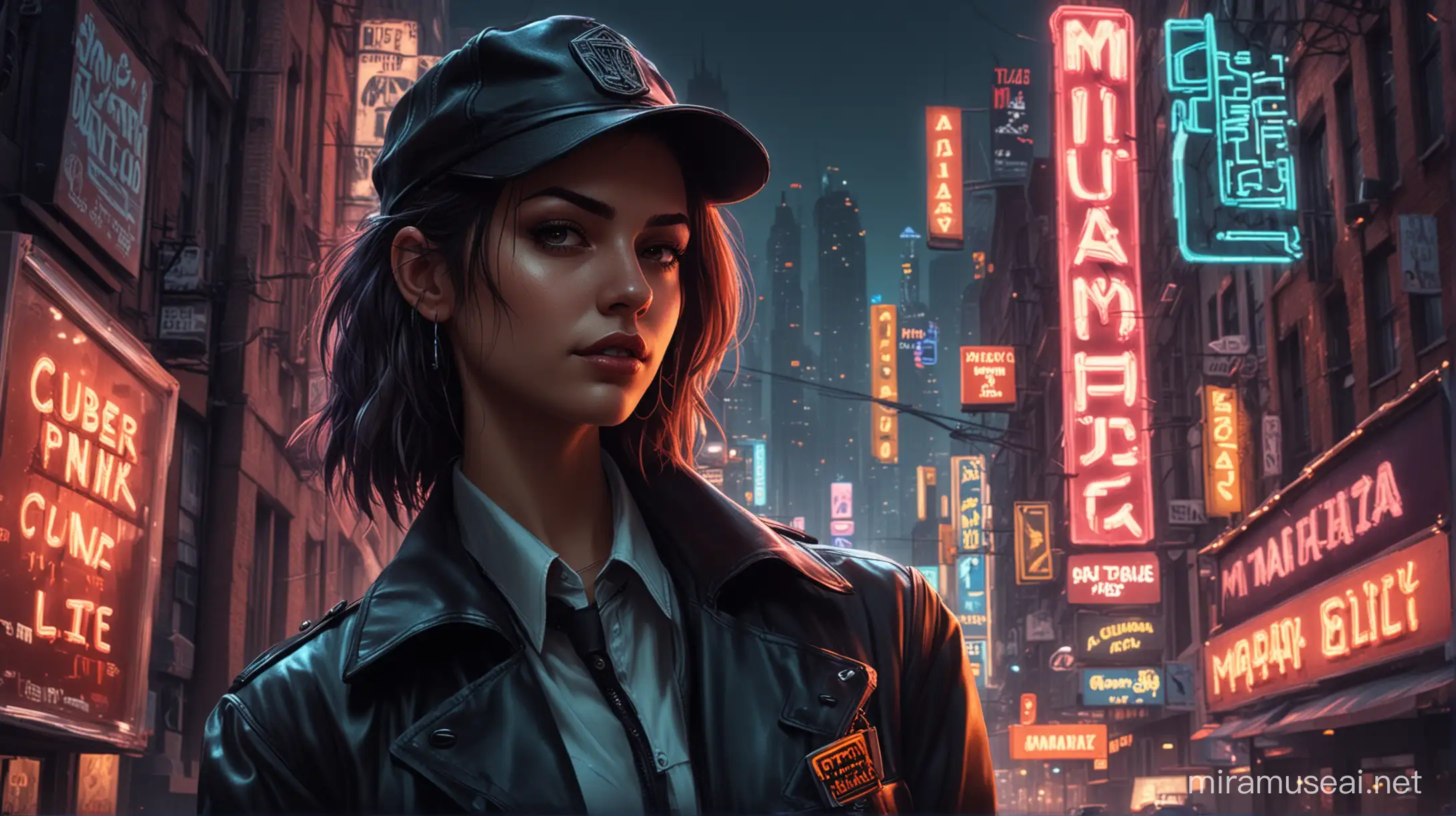 A female investigator character in a busy city with neon signs advertising Mafia Elite
Cuber punk style