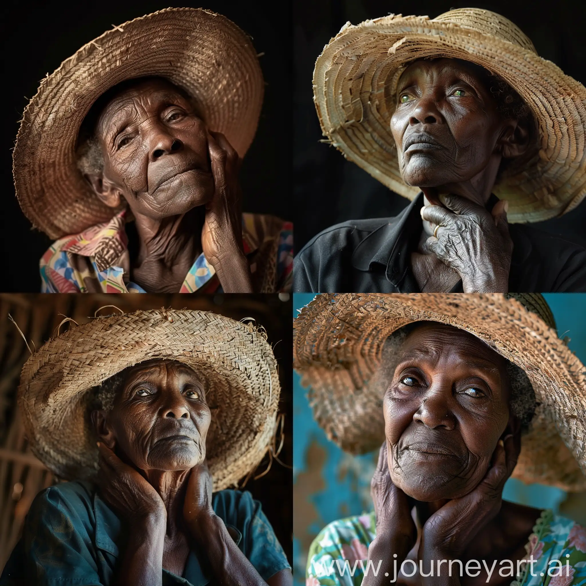 Old African woman wearing an old straw hat. She is holding her neck