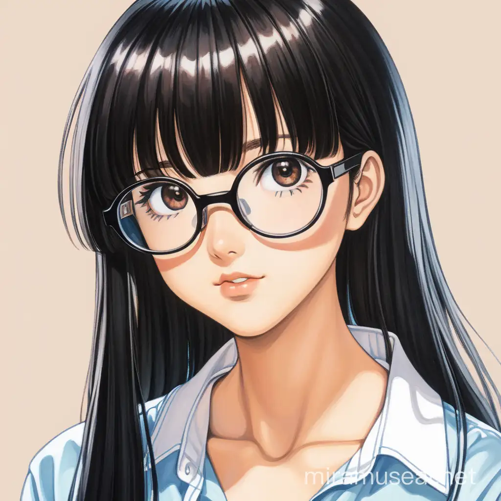 woman with brown looking under her eyelashes, dark brown eyes wearing black round eyeglasses, long black hair behind her shoulders parted in the middle with full bangs, body facing straight forward with head tilted down to the left, large anime eyes, nude glossy full lips slightly smiling, wearing plain white shirt, anime style, pastel blue wall background, retro 90s anime look