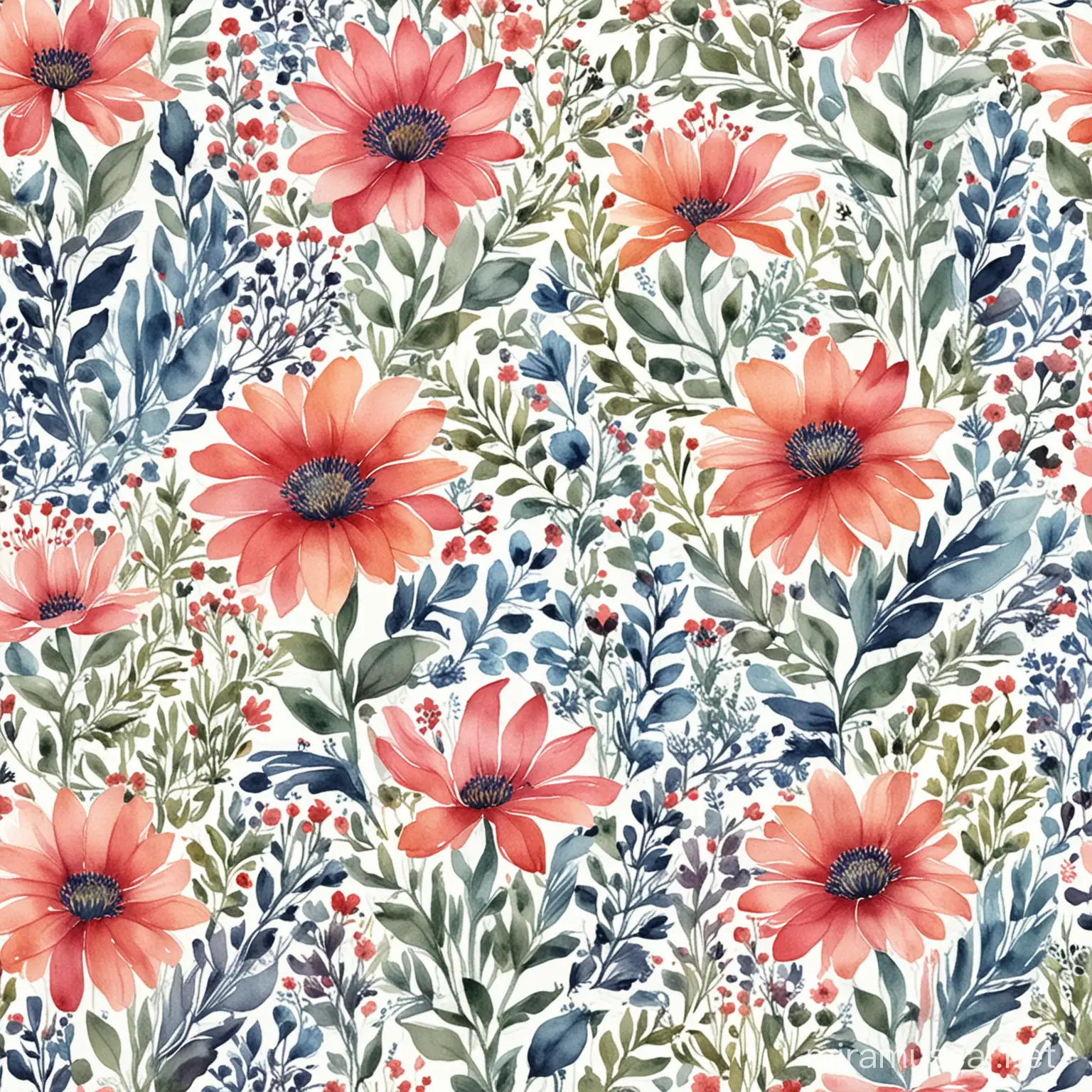 Watercolor Flower Pattern on White Background Liberty Prints Style