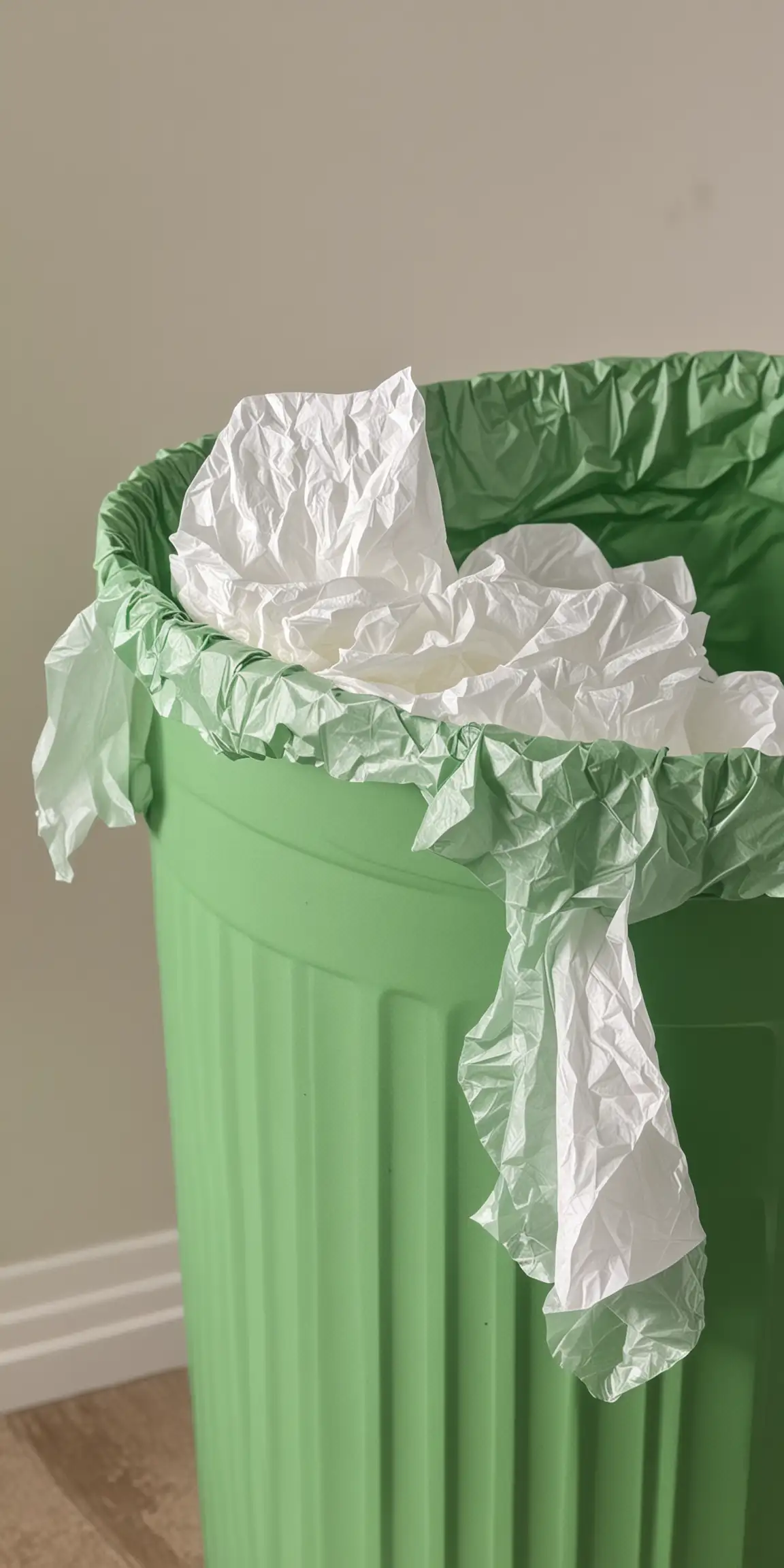ugc image of a green trash can with tissue paper. Close up
