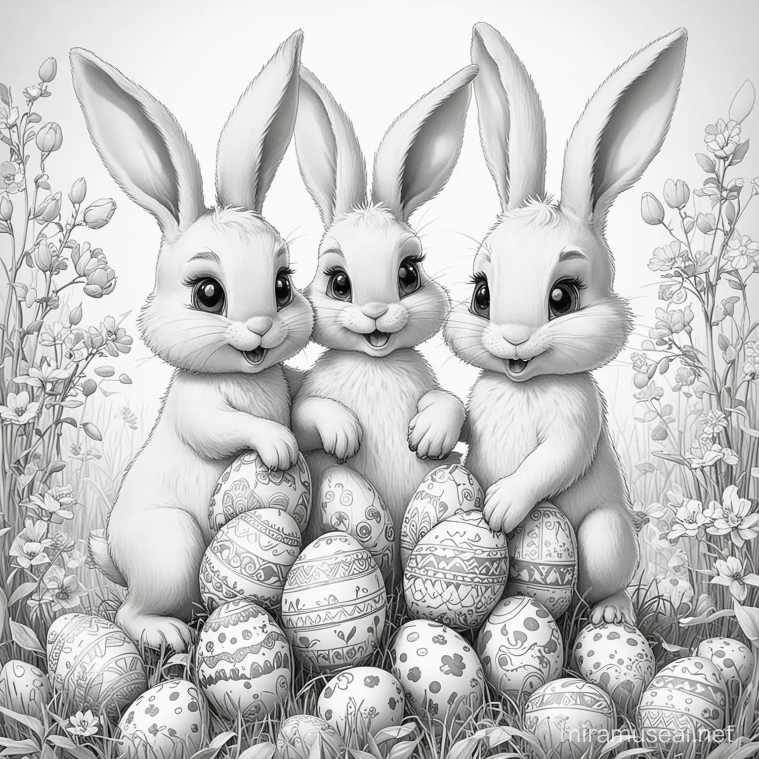 Cute Cartoon Bunnies Enjoying Easter Egg Painting in Monochrome