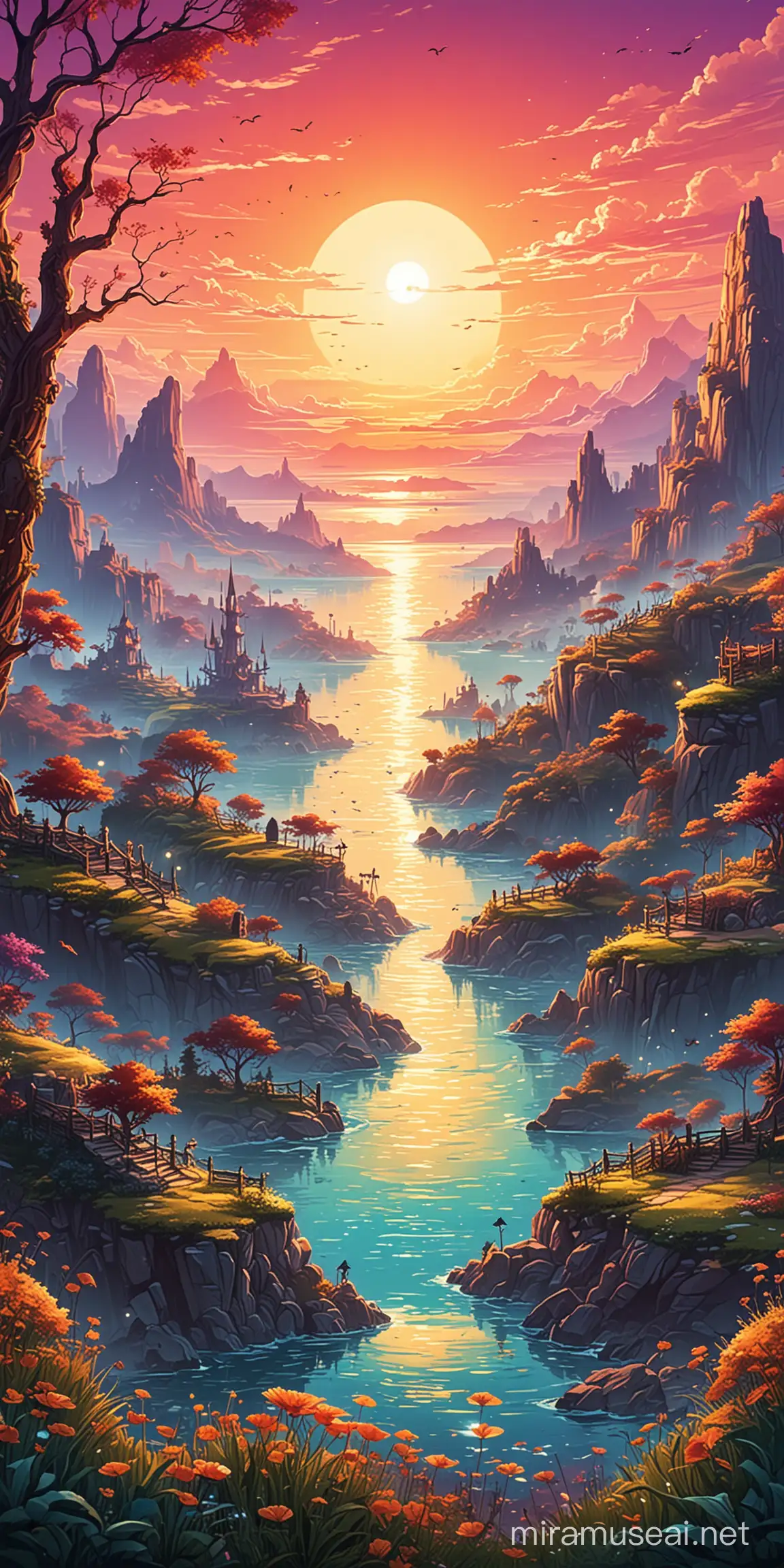 vector art of magical fantasy world sunset 
