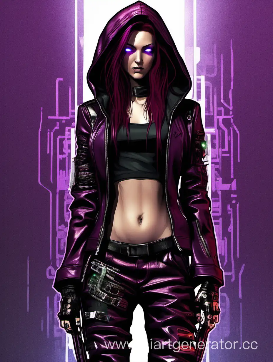 woman. Toxic Green eyes. Long , burgundy hair. Beige leather.Black slim pants. Black fitted jacket with open belly. Black loose hood. Full height . Cyberpunk. Purple colors