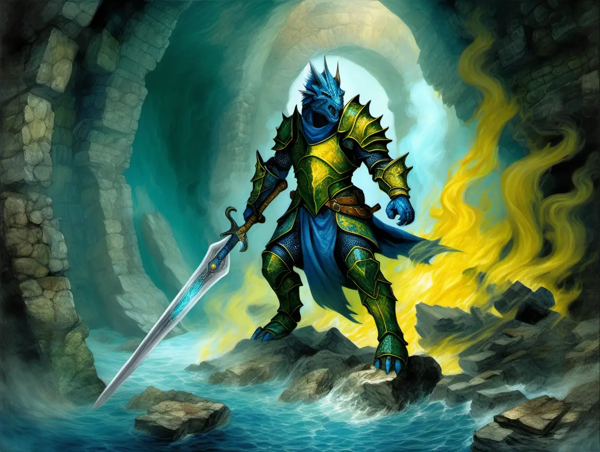 blue dragonborn warrior, plate armor, greatsword, blue greenish cave, rubble, yellow water smoke fumarole, round teleportation portal, Medieval fantasy painting