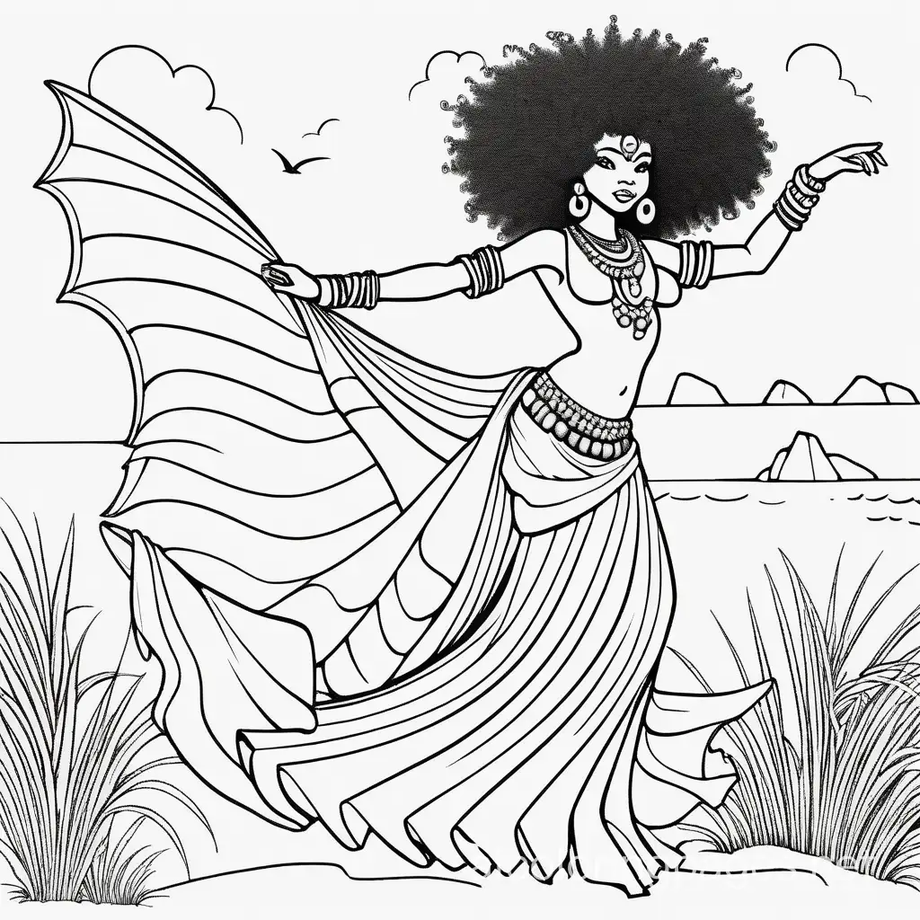 sensuous and exotic african fairy with a wild afro and wings like a dragon draped in many beads around her neck and a skirt made of grass dances on a beach in front of the ocean 
, Coloring Page, black and white, line art, white background, Simplicity, Ample White Space. The background of the coloring page is plain white to make it easy for young children to color within the lines. The outlines of all the subjects are easy to distinguish, making it simple for kids to color without too much difficulty