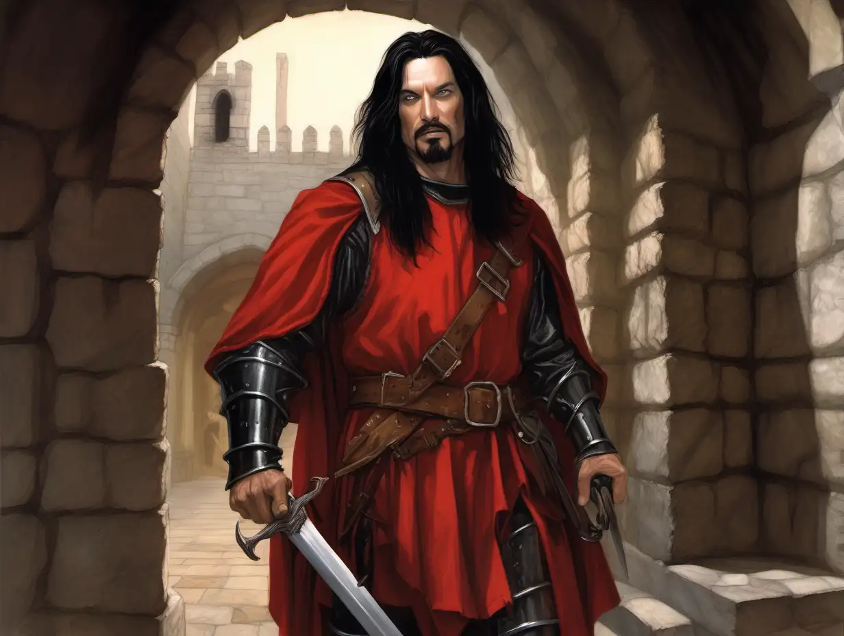 ragged handsome man in his 40s, long black hair, short black goatee, full guard armor, red surcoat, shifty grin, dagger, prison interior, Medieval fantasy painting, MtG art