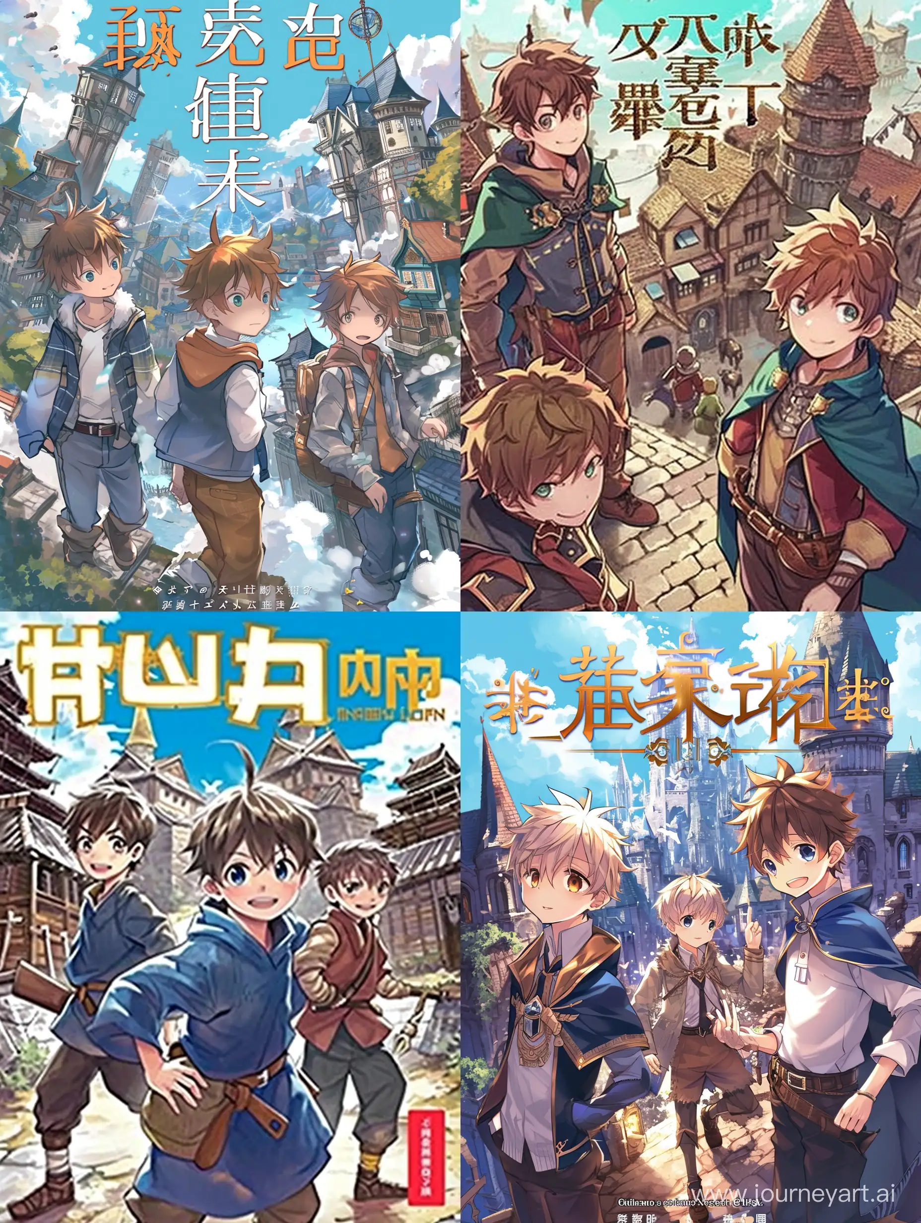 The cover for light novel, three boys and fantasy world with buildings, genres: fantasy and isekai.