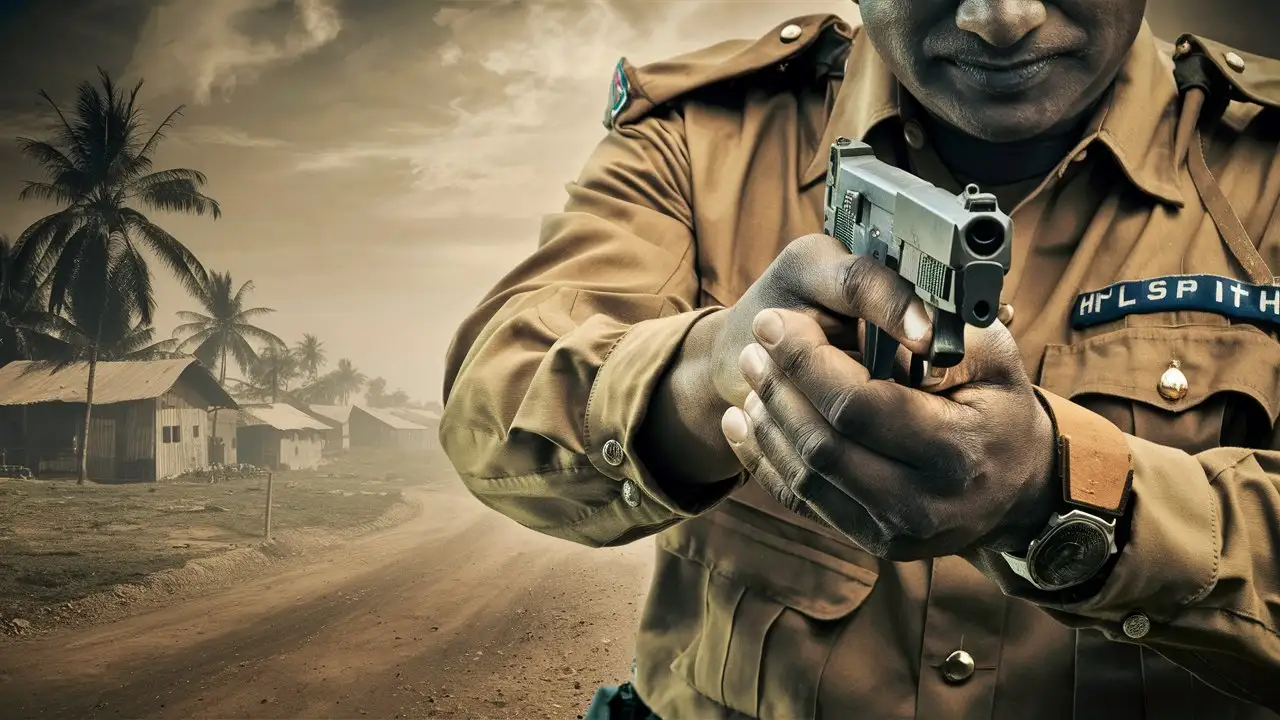 close up shot of indian police man khakee dress, focus on gun in hand, indian rural area in background

