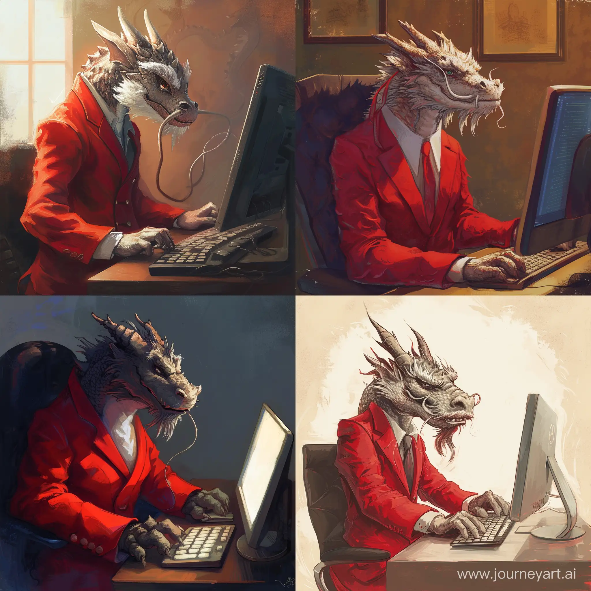 一只中国龙，穿红色西装，在电脑面前，专心干活