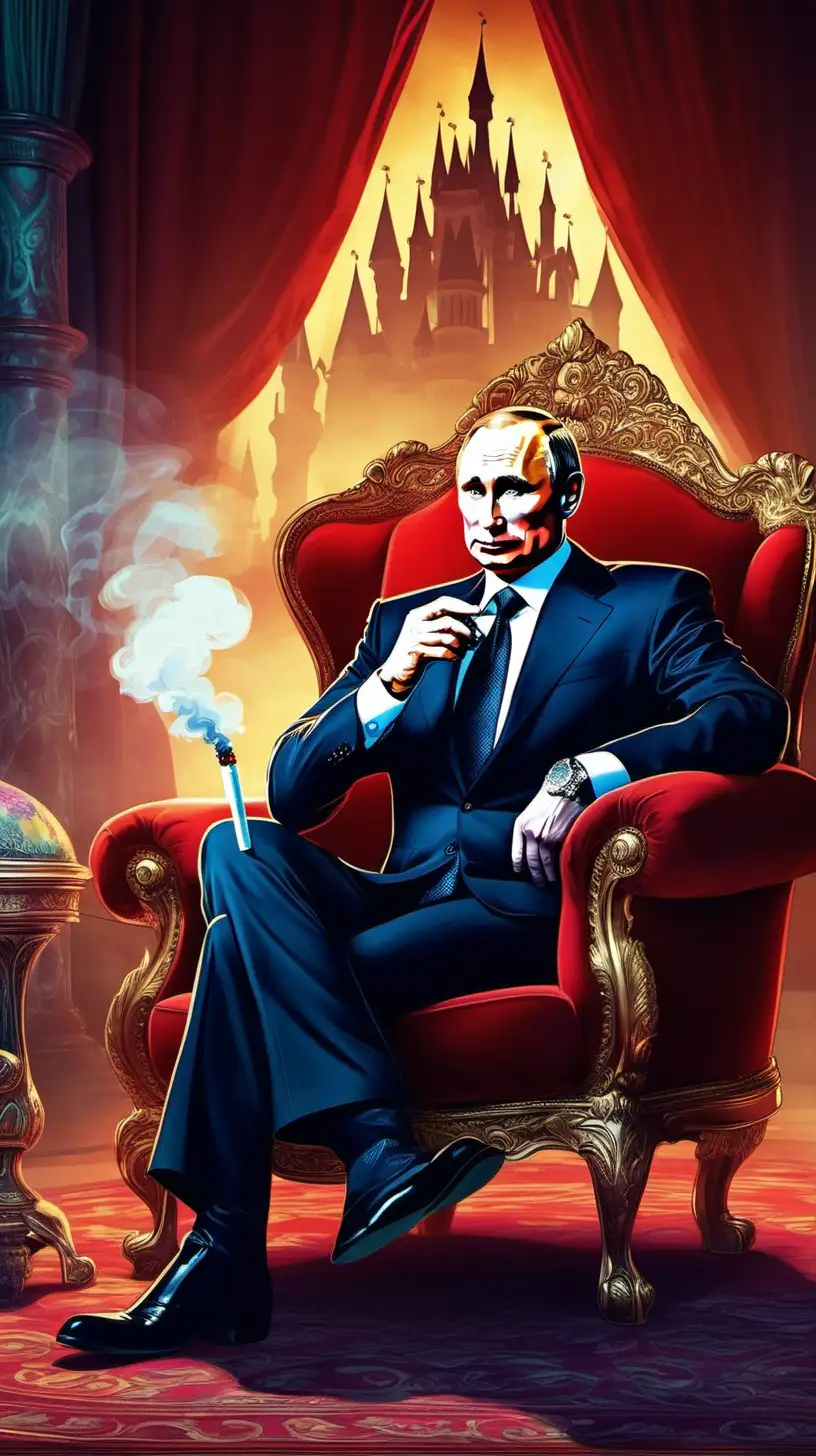 Vladimi Putin sitting in an armchair as the main Disney villain smoking a cigarette, the lights should be vibrating, the background should be mystical.



