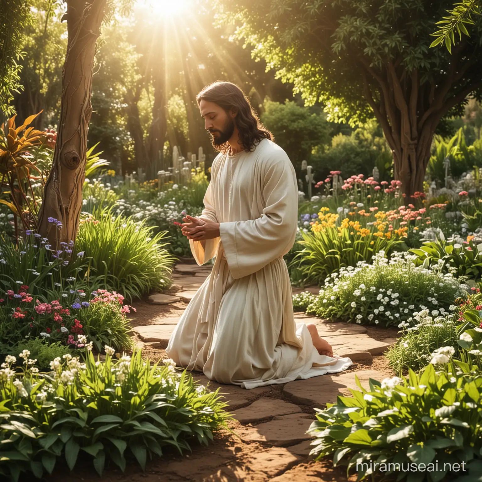Jesus Christ kneeling and praying in a beautiful garden
