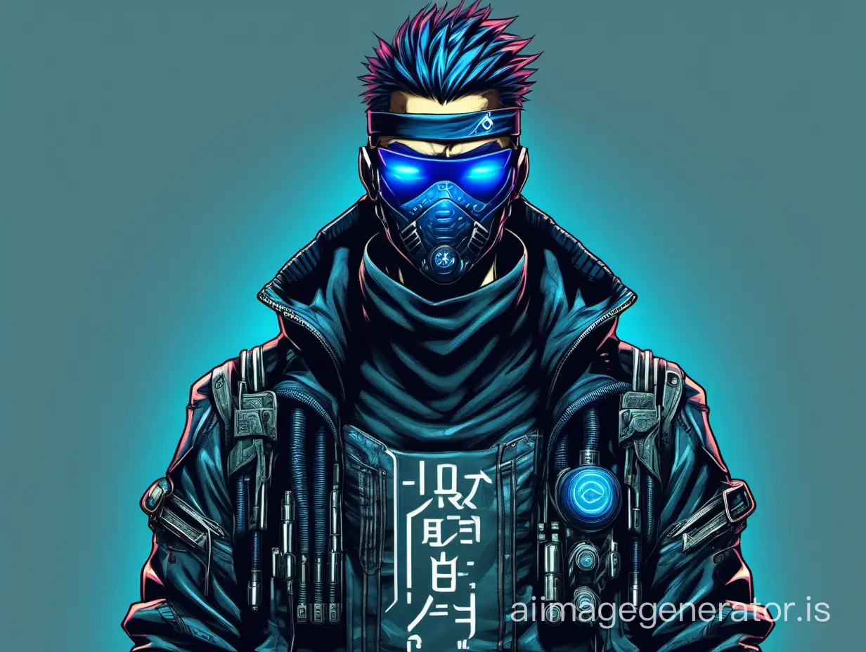 cyberpunk ninja with blue eyes. He has a jacket with a message on the chest Injective