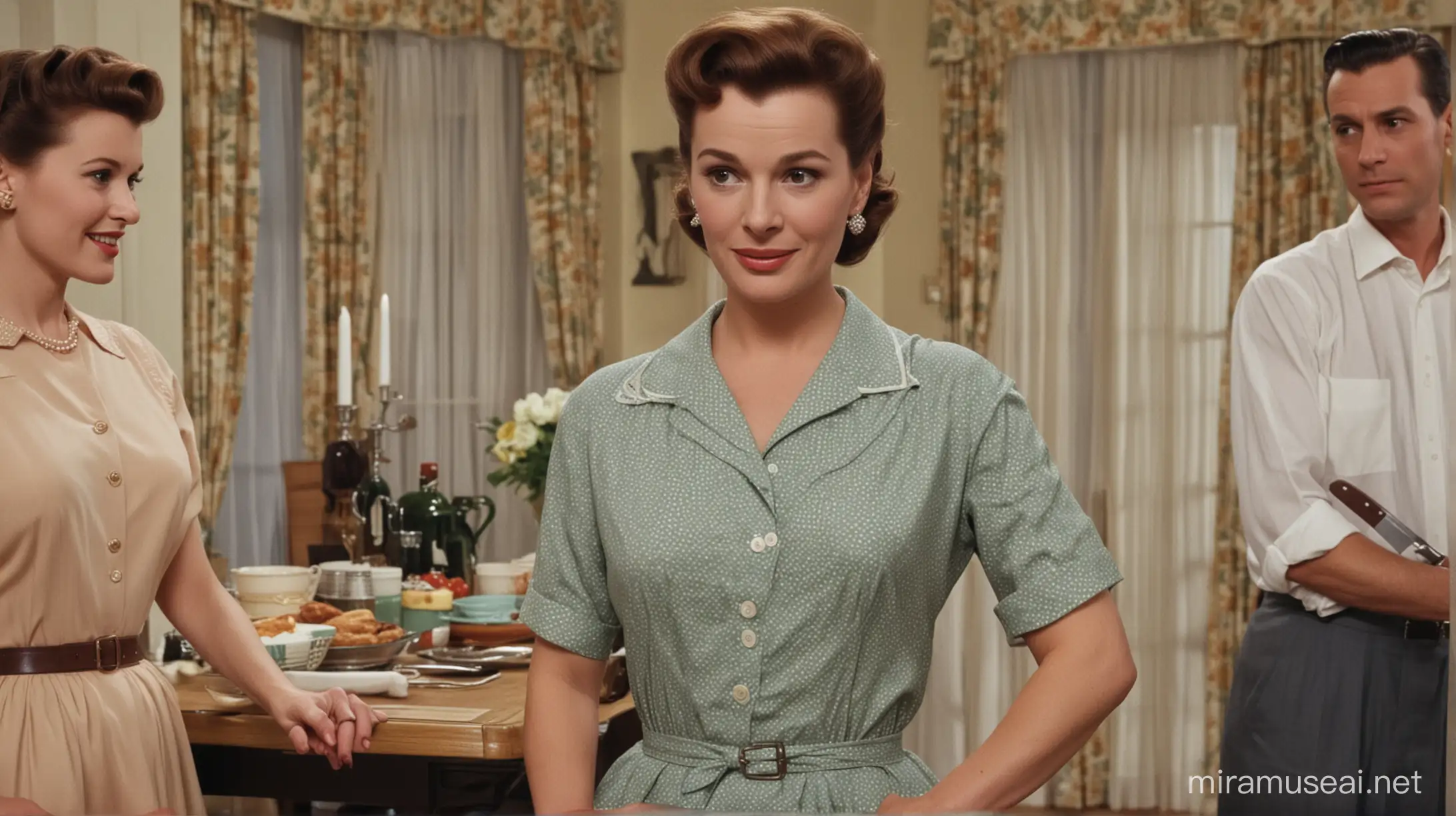 A 1950s housewife with guests, she holds a knife behind her back