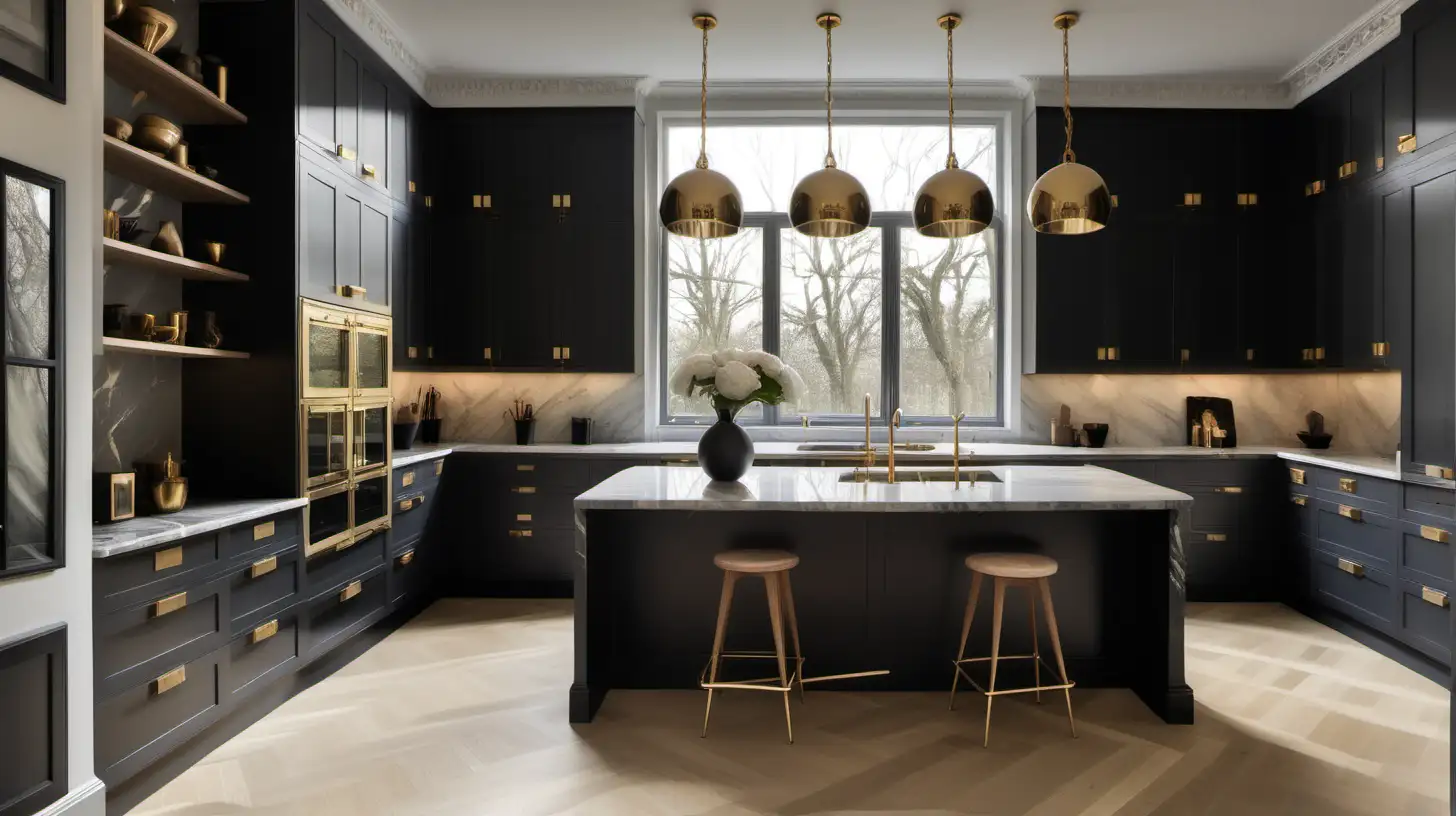  beige walls; black cabinets with brushed brass handles; brass pendants; grey marble; oak herringbone flooring; large windows


