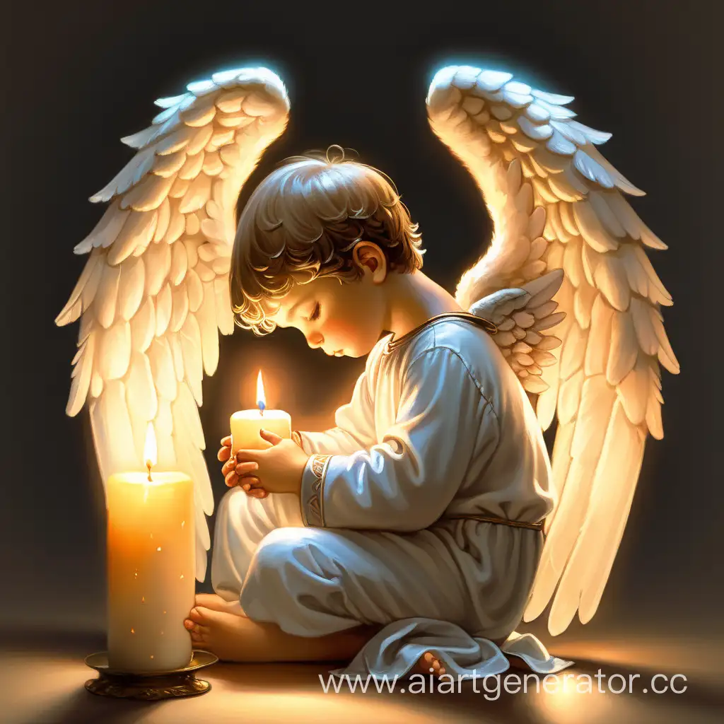 молодой ангел мальчик, сидит обняв колени руками перед зажжённой свечой, маленькие крылышки, фигура целиком, в полный рост, вид сбоку
