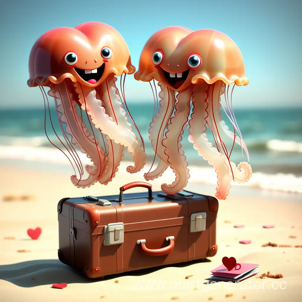 jellyfish in love, on the beach with suitcase, going for a trip, happy valentines day, 