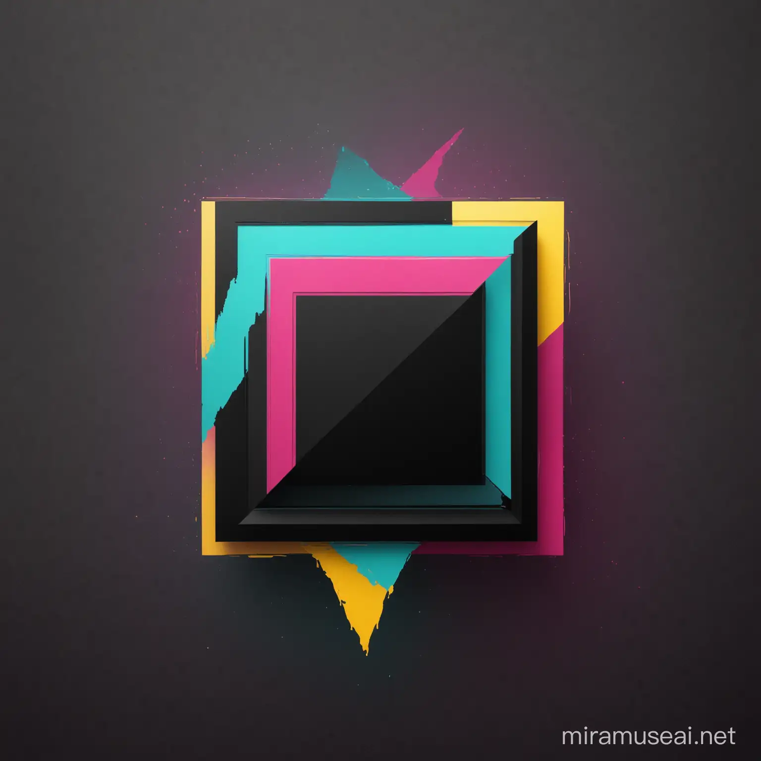 Minimalist Abstraction Black Square with Cyan Magenta and Yellow Background
