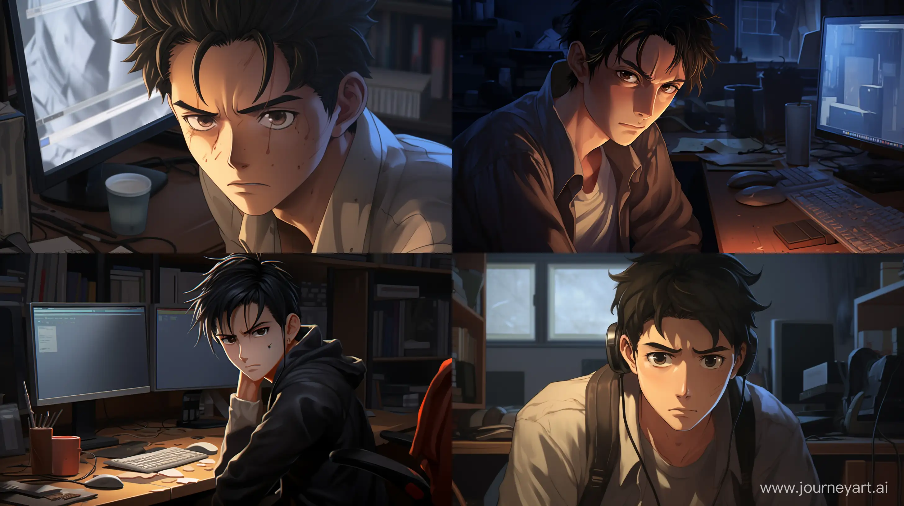 //imagine prompt: 2d, personality: [Illustrate a close-up shot of John's dispirited face, his eyes filled with boredom and frustration as he stares at his computer screen. The dull office cubicle surrounds him, emphasizing his mundane and unimportant existence.] unreal engine, hyper real anime --q 2 --v 5.2 --ar 16:9