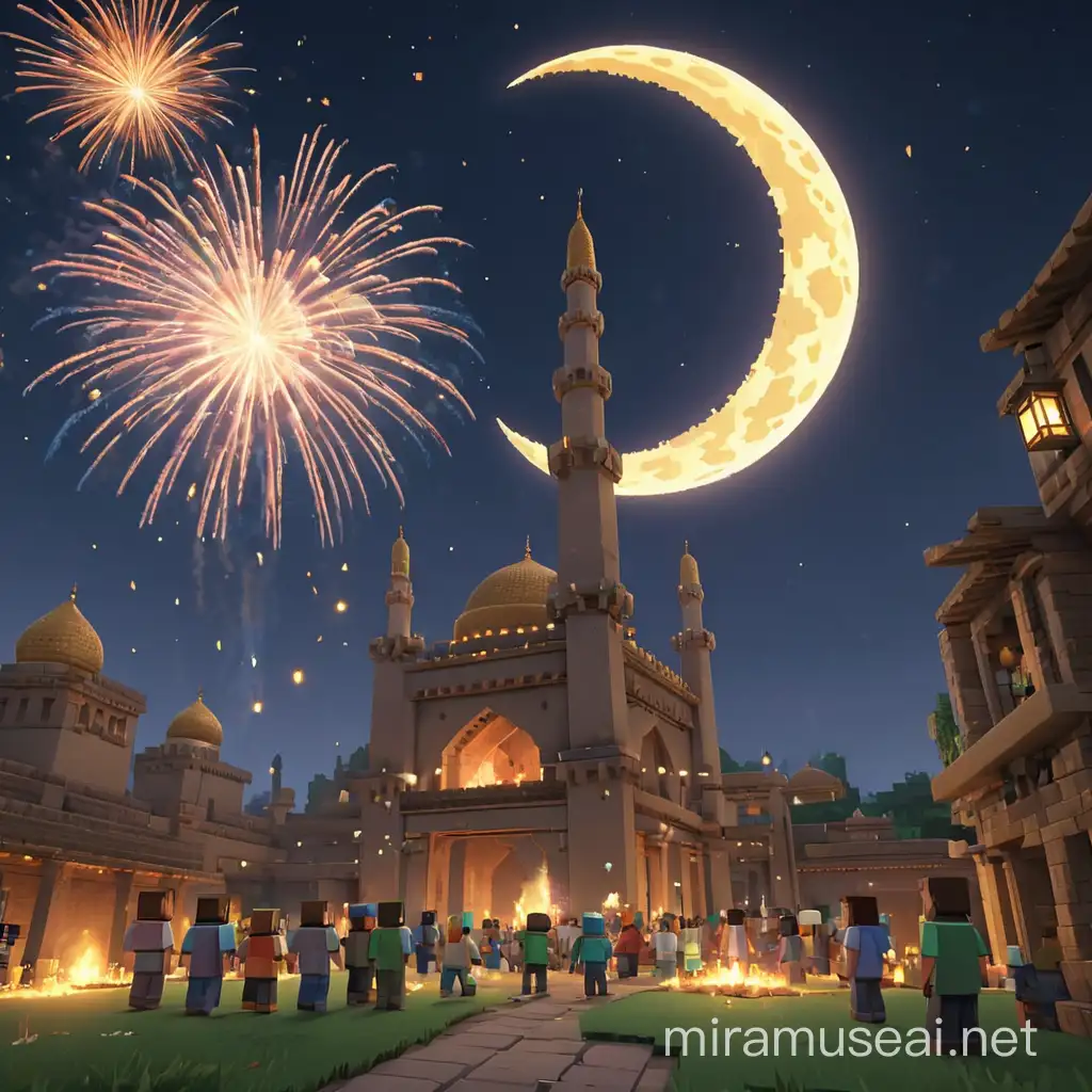 minecraft players celebrating Eid festival , MOON cresent , stars , fireworks