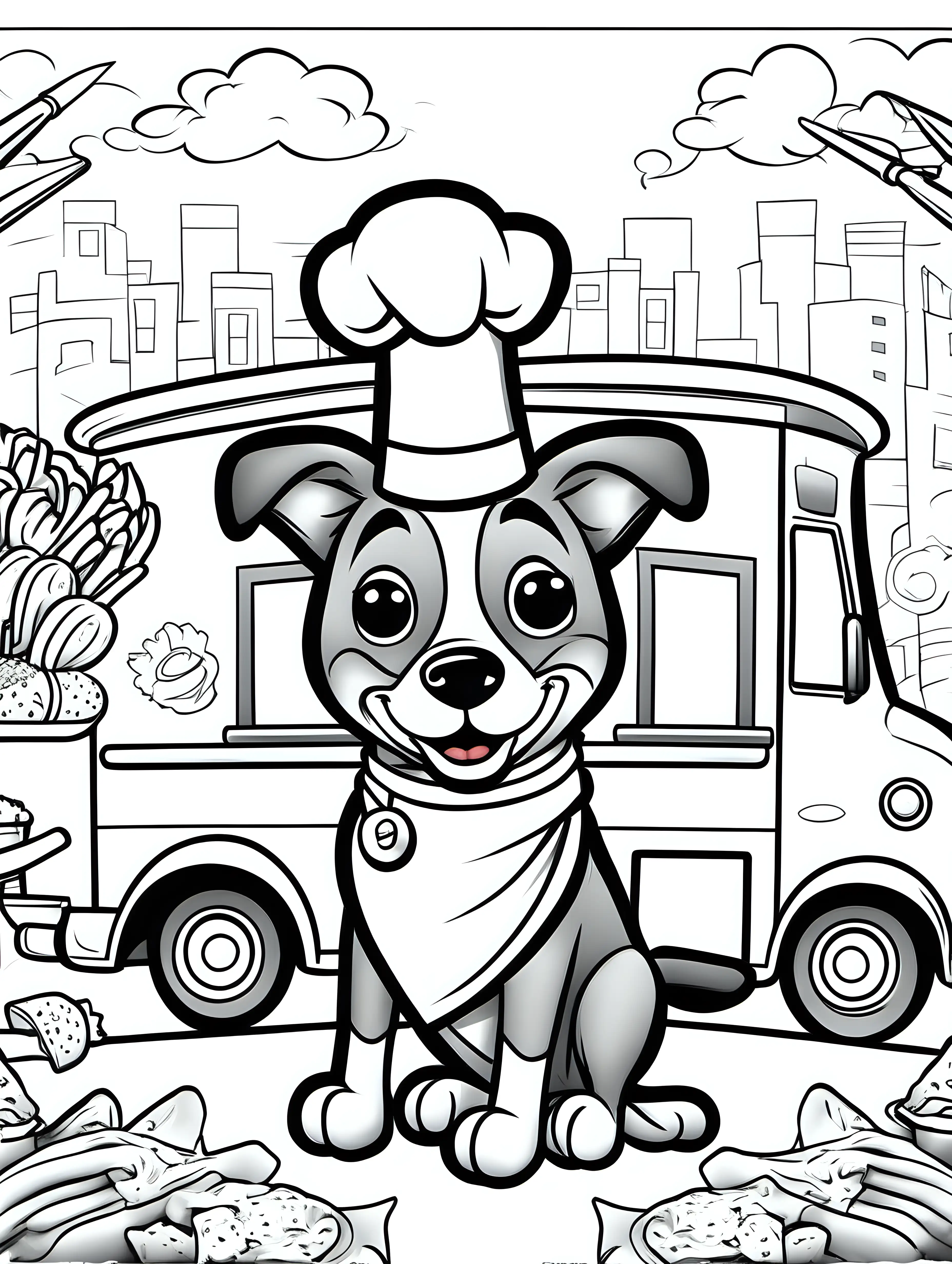 Create a coloring book page for children or adults. A simple cartoon dog chef with his dog taco food truck. The image should have no shading or black colors, make sure the animal fits in the picture fully and just clear lines for coloring. make all images with more cartoon faces and smiling