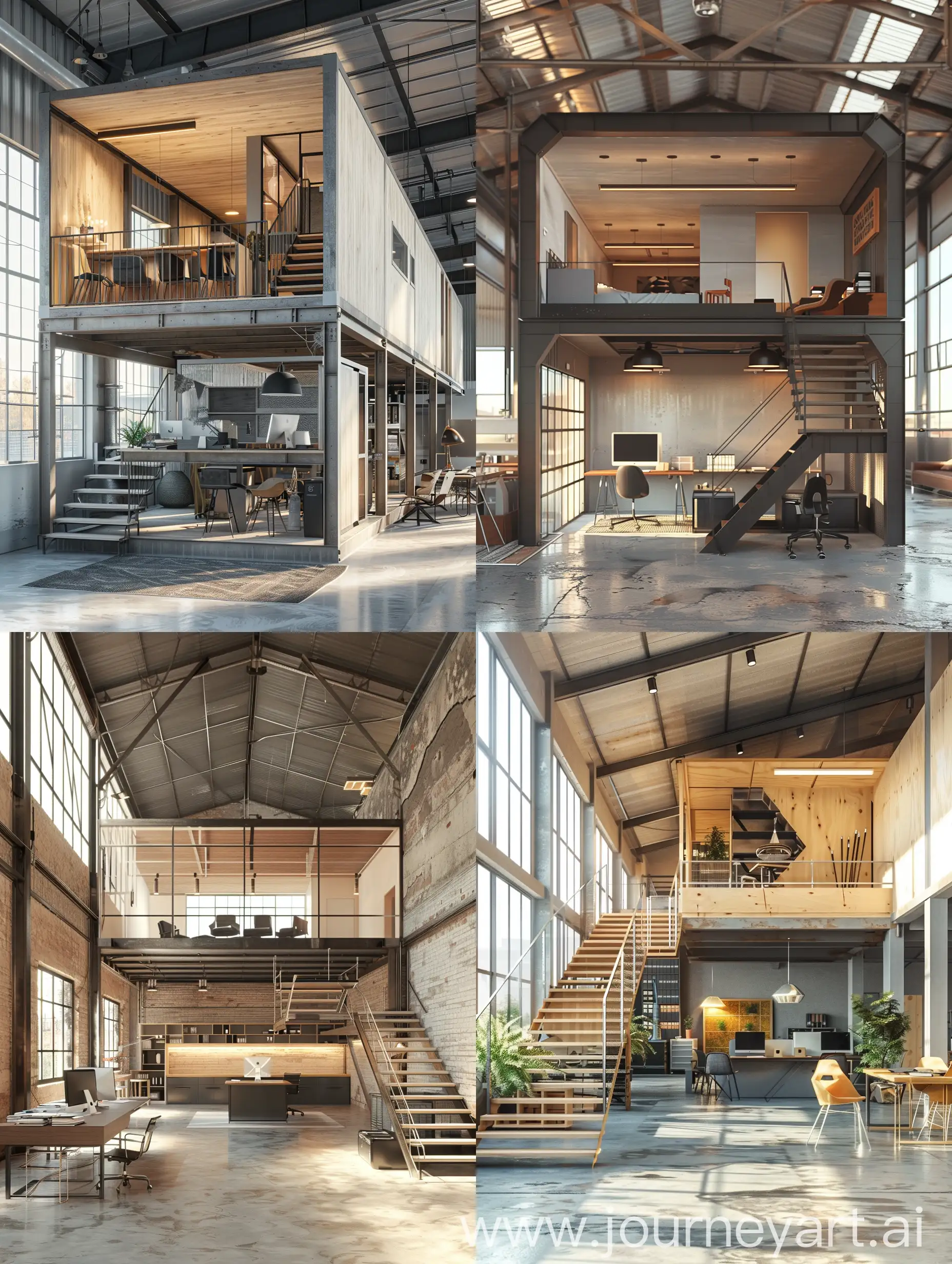 Architectural rendering of a modern duplex office space design with exposed stairs inside a factory shed, highly detailed, high quality