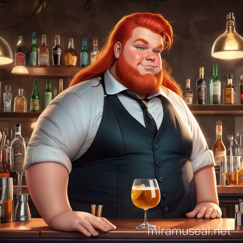 Cheerful RedHaired Bartender Serving Drinks with a Smile
