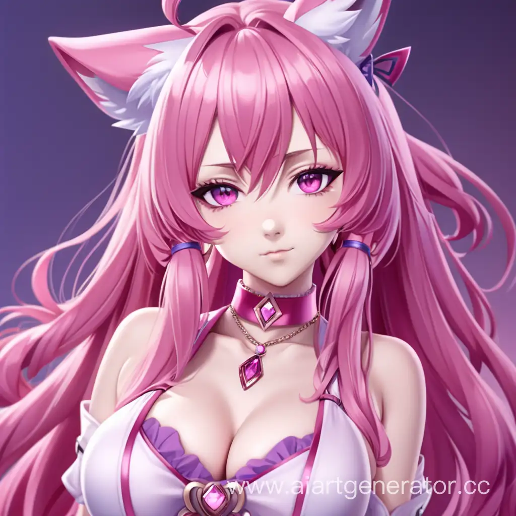anime an adult girl with long pink hair, with pink color a tail and fox ears pink color , in a Revealing pink outfit with a neckline, with mommy energy and purple eyes With a haughty look