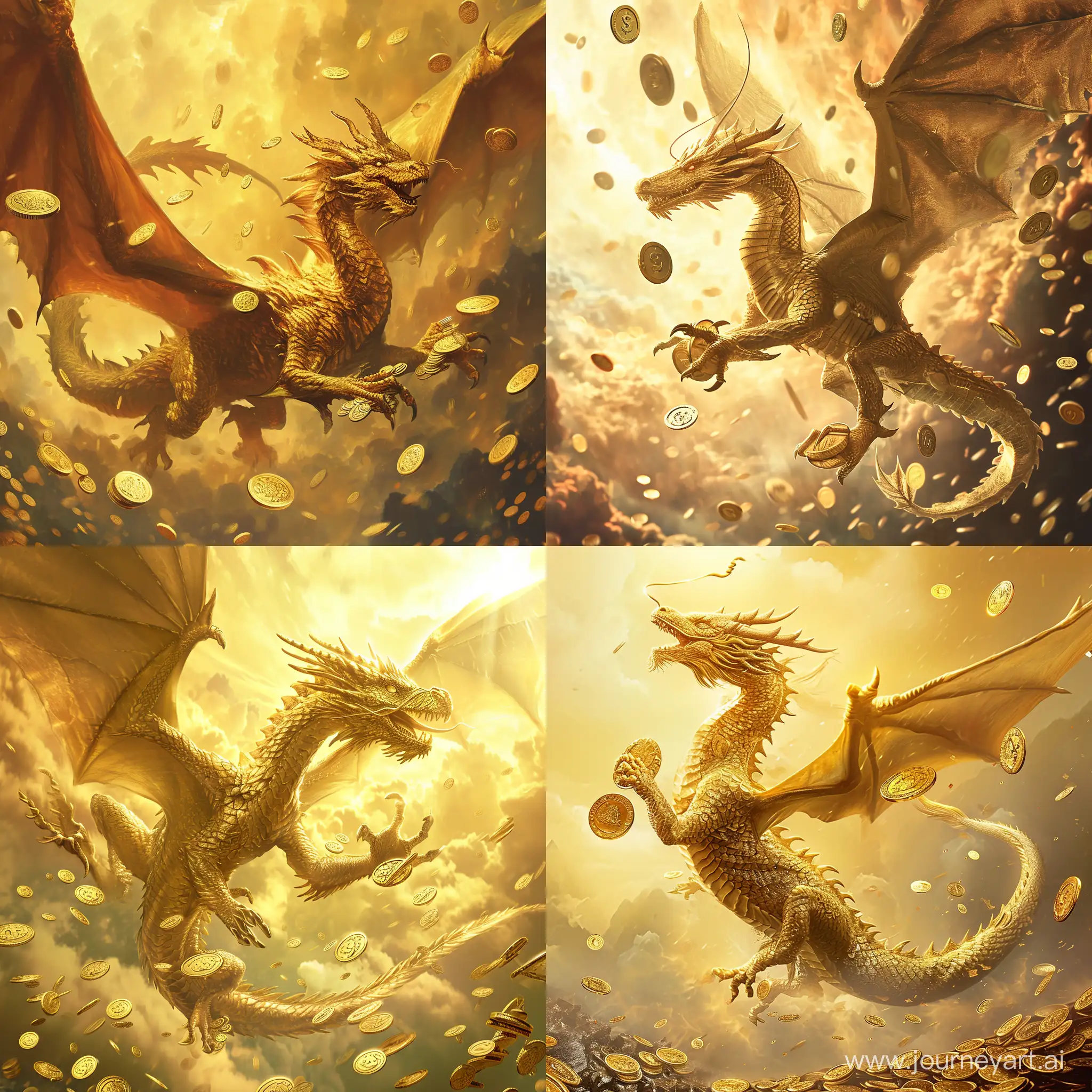 a golden dragon flying in the golden sky, his hands hold gold coins, surrounded by gold coins, realistic, --v 6