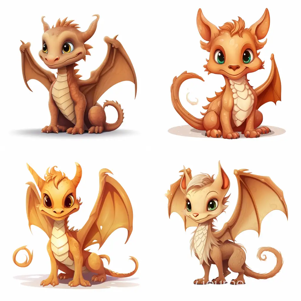 Beautiful skinny dragon, light brown color on white background, cartoon style