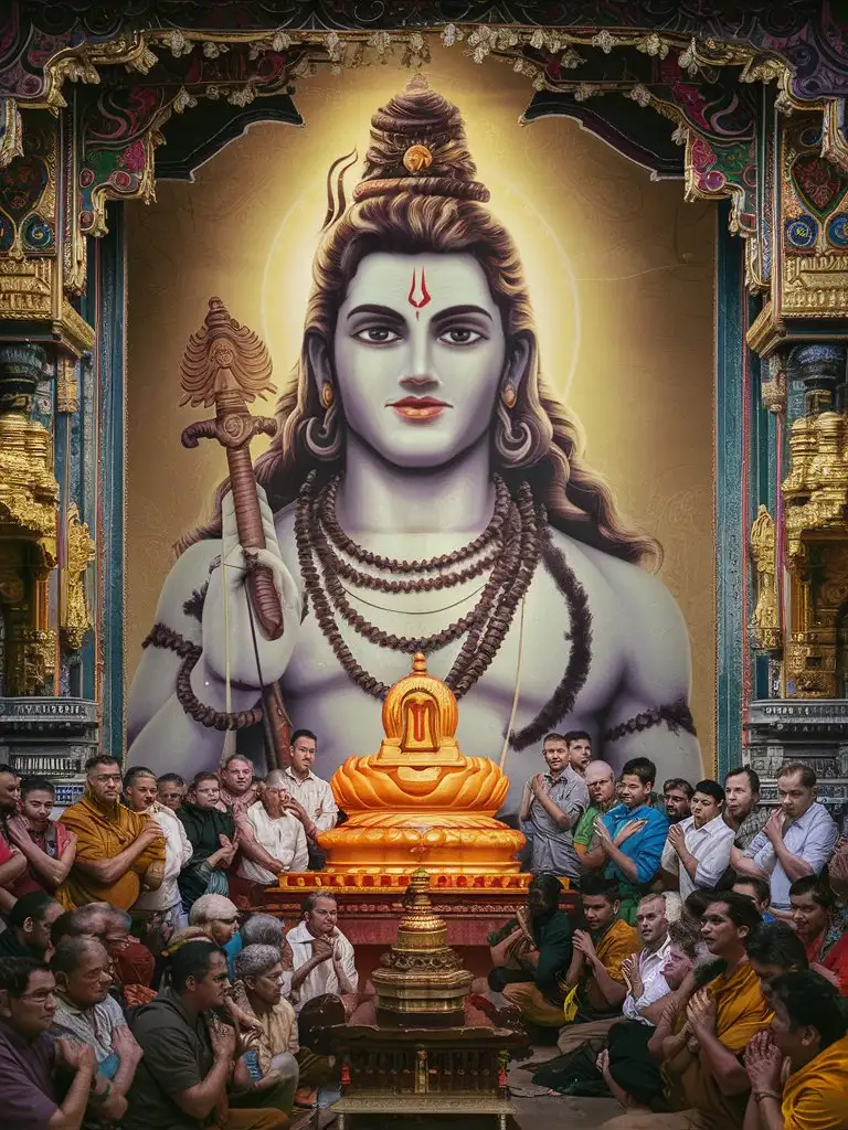 Create an image depicting Lord Shiva's iconic symbol, the 'lingam', surrounded by devotees in a temple setting, capturing the essence of reverence and spirituality.