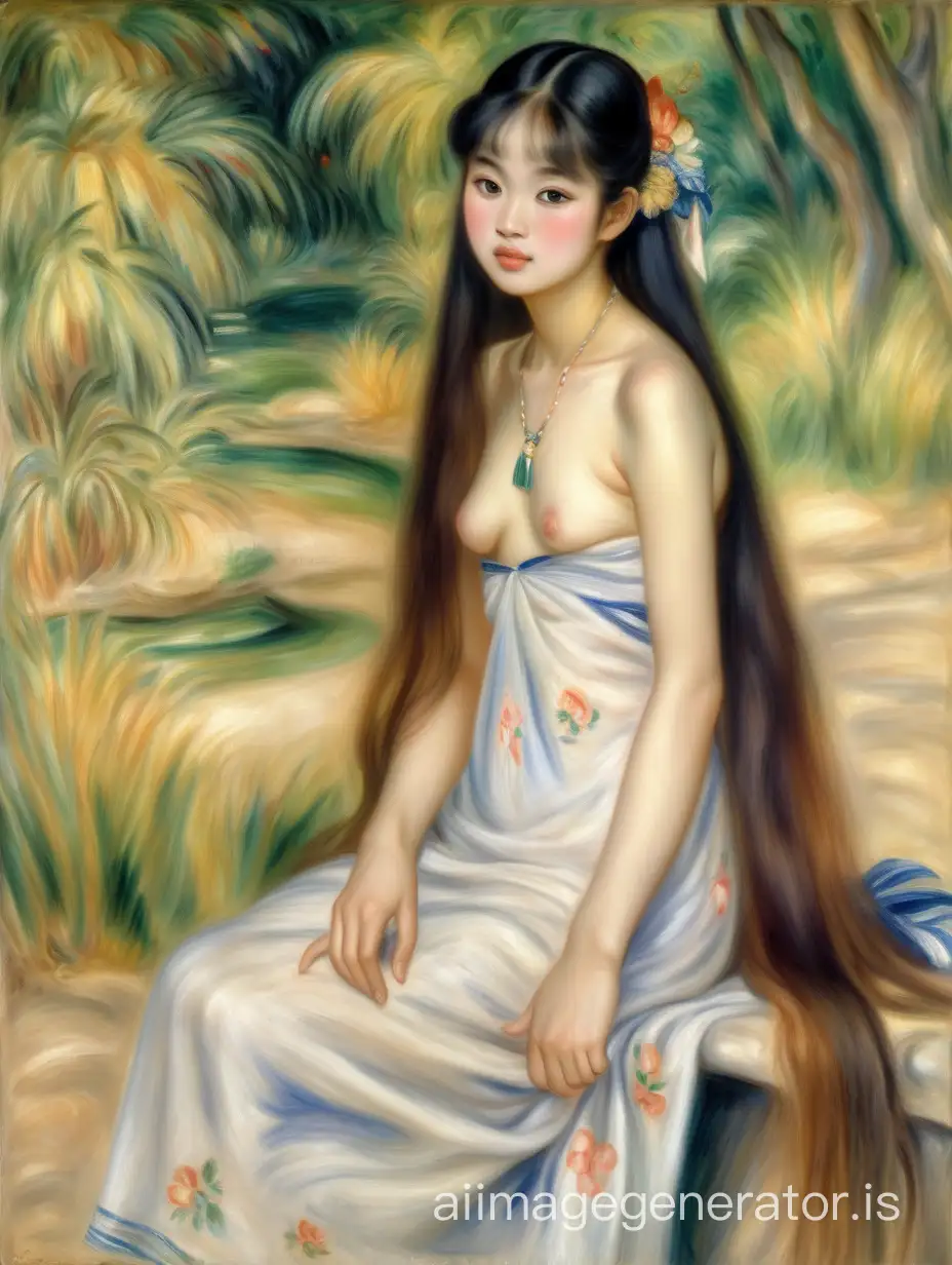 Renoir oil painting of a skinny full firm big-busted hairy incredibly beautiful nude Vietnamese princess with long flowing hair and very thick eyebrows wearing a flimsy summer dress