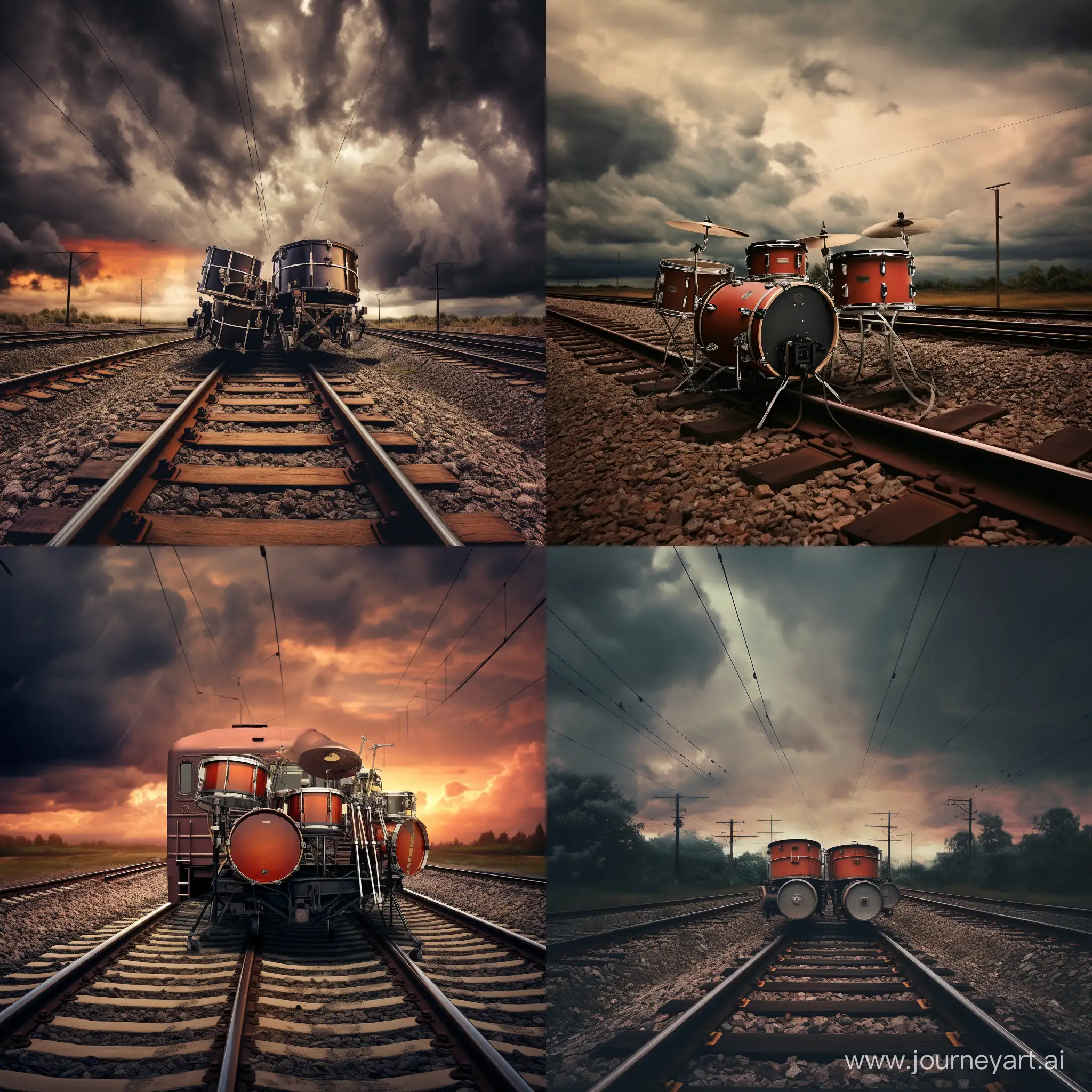 Dynamic-Drum-Kit-on-Moving-Train-Carriage-under-Stormy-Sky