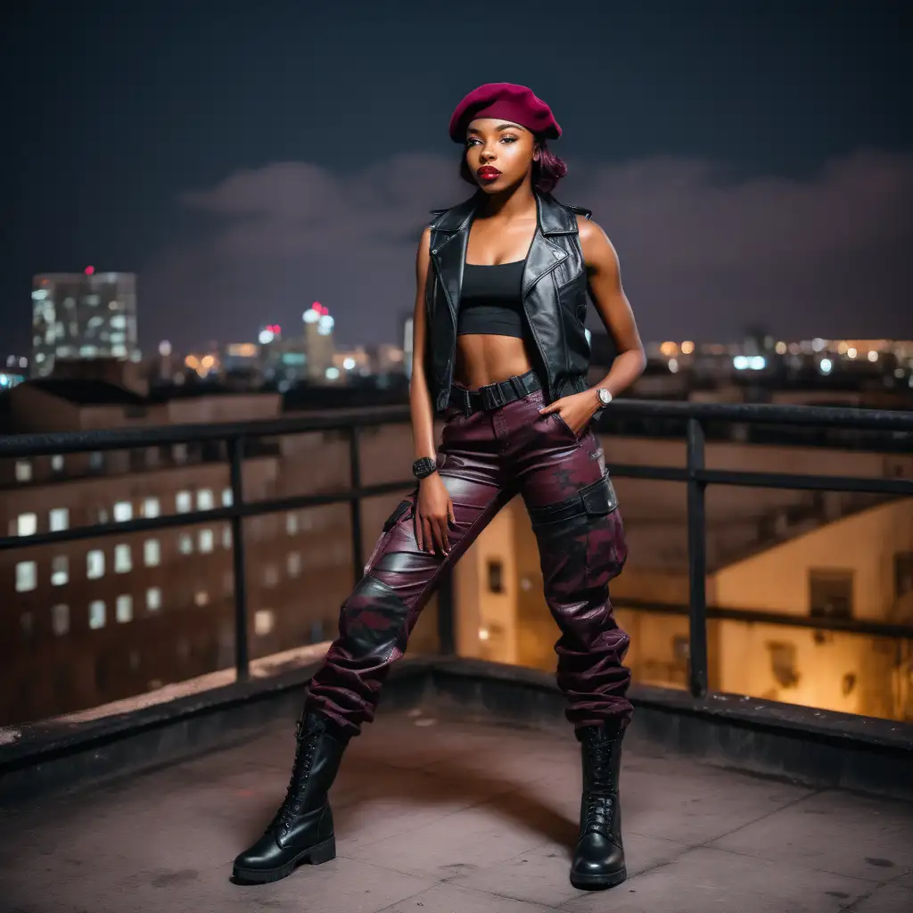 beautiful black young woman,  sleeveless black leather jacket, burgundy military beret, burgundy black camouflage cargo pants, black leather boots, pointing gun, city roofs, night