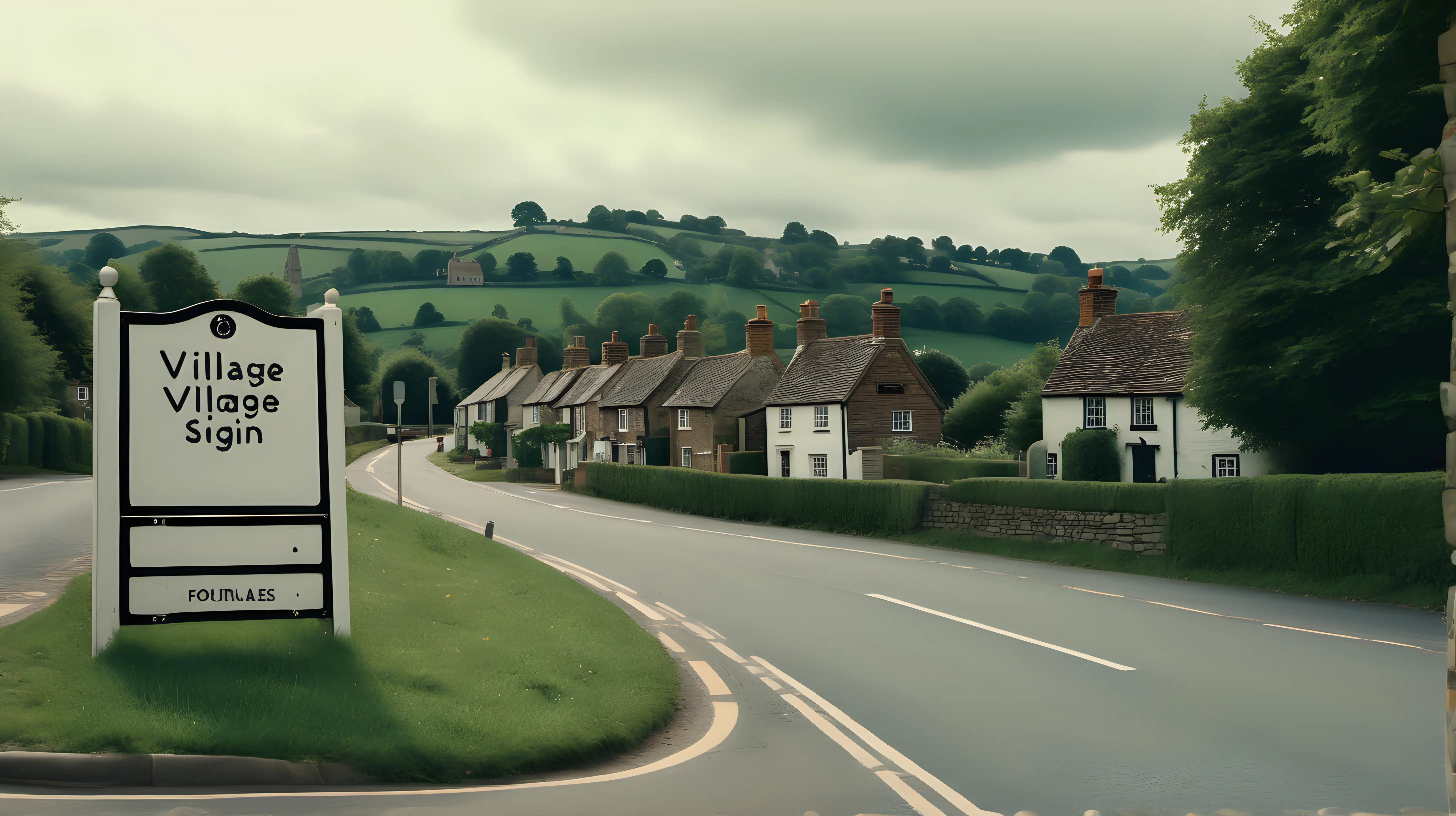 A village sign in the foreground, on the outskirts of a cute English Village, on a road that leads into a cute English Village.  Ultra realistic. Street level Shot.  Hills and trees in the distance behind the village.