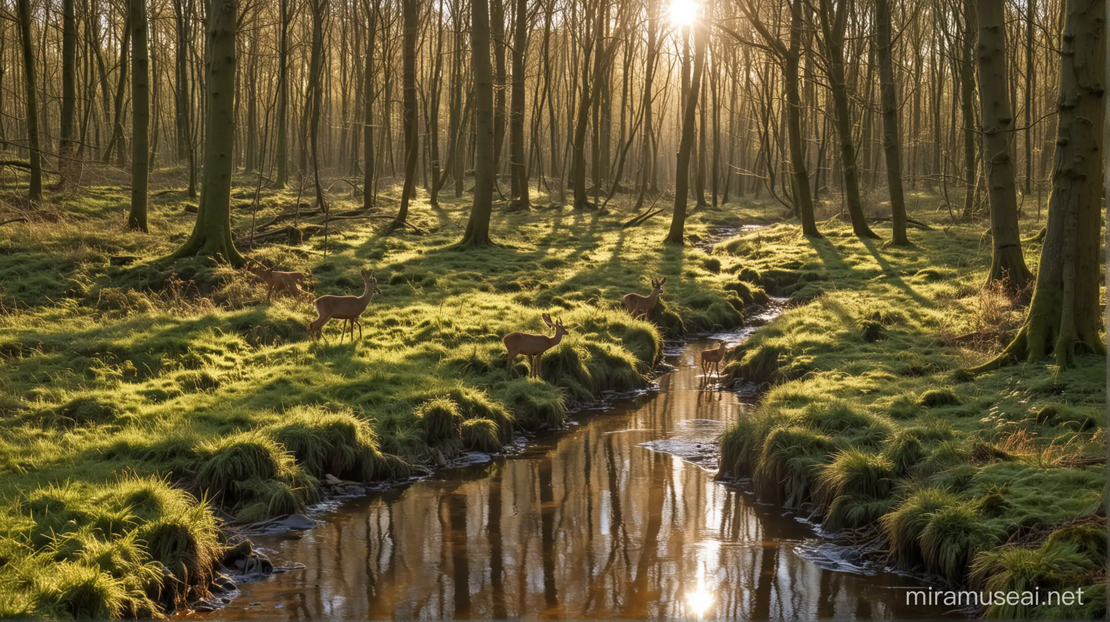 Sunlit Forest Scene with Roe Deer Drinking from Stream