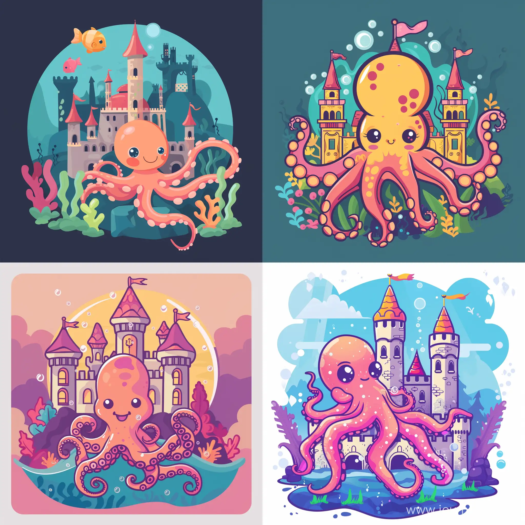 sticker design of cute little octopus at underwater palace, in flat style, high quality details