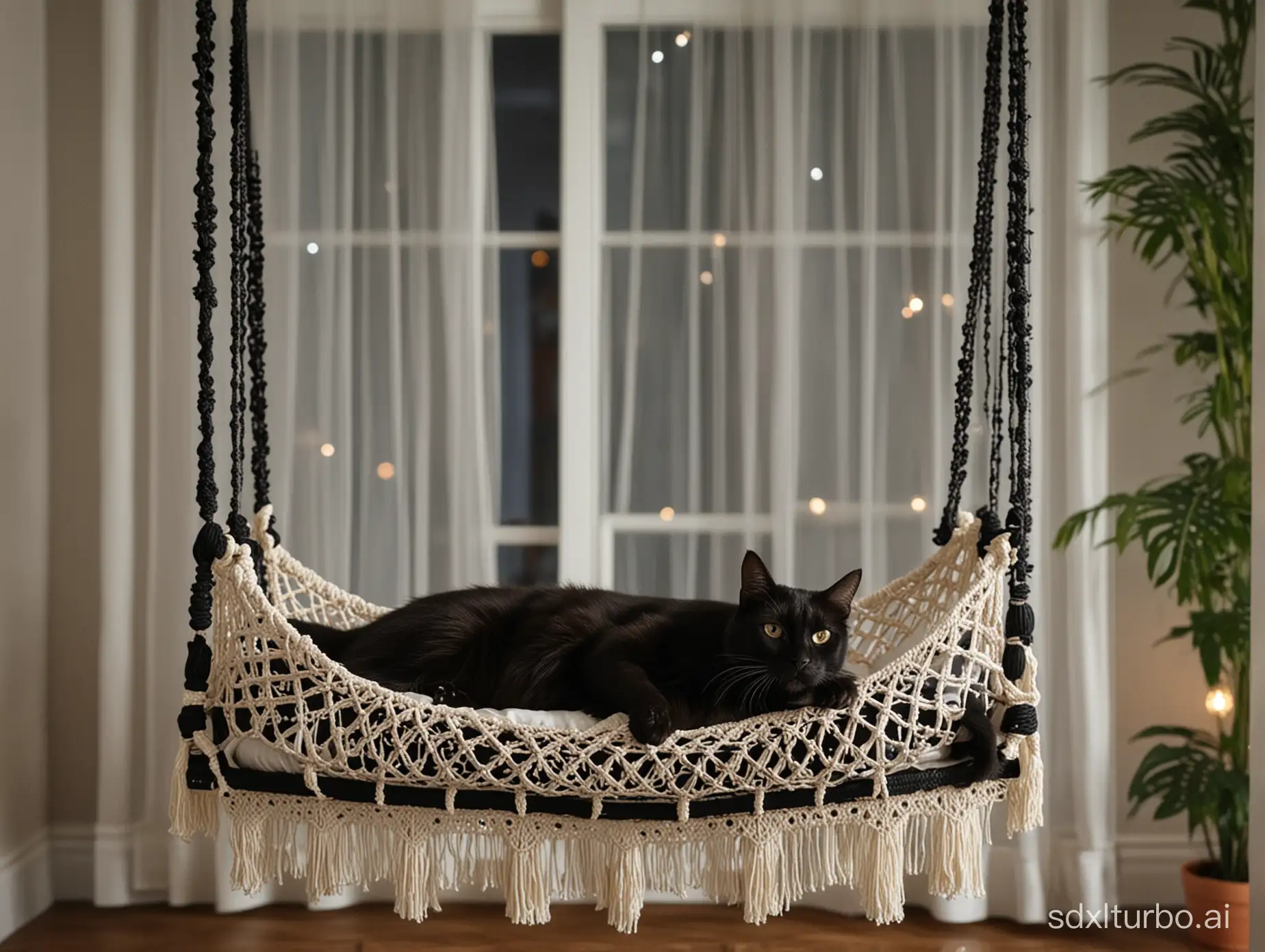 a black cat lying on a hanging bed made of macrame ,in front of window in bedroom,at night